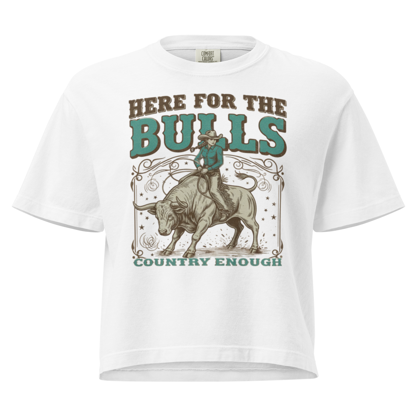 White t-shirt with graphic of cowgirl on top of a bull and words here for the bulls #white