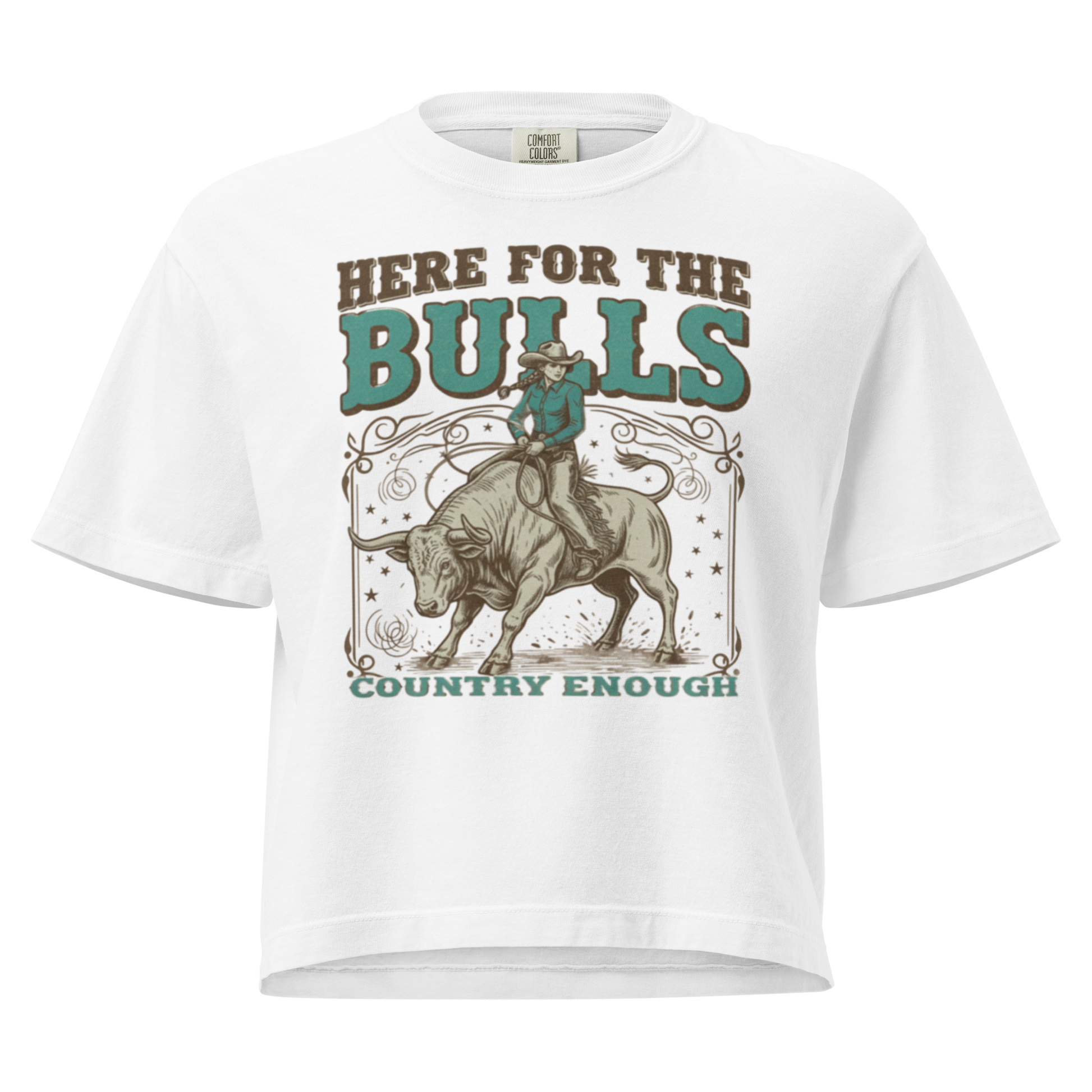 White t-shirt with graphic of cowgirl on top of a bull and words here for the bulls #white