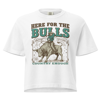 White t-shirt with graphic of cowgirl on top of a bull and words here for the bulls #white