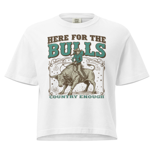 White t-shirt with graphic of cowgirl on top of a bull and words here for the bulls #white