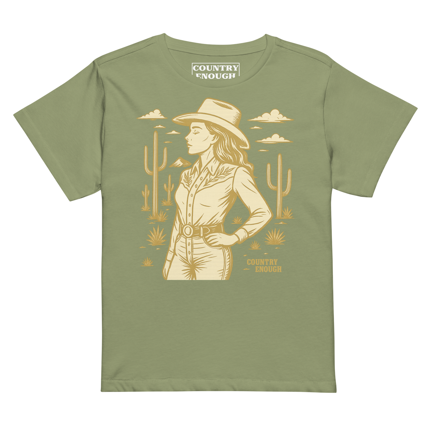 Artichoke t-shirt with graphic of a cowgirl, clouds, one mountain, and cacti #artichoke