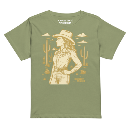 Artichoke t-shirt with graphic of a cowgirl, clouds, one mountain, and cacti #artichoke