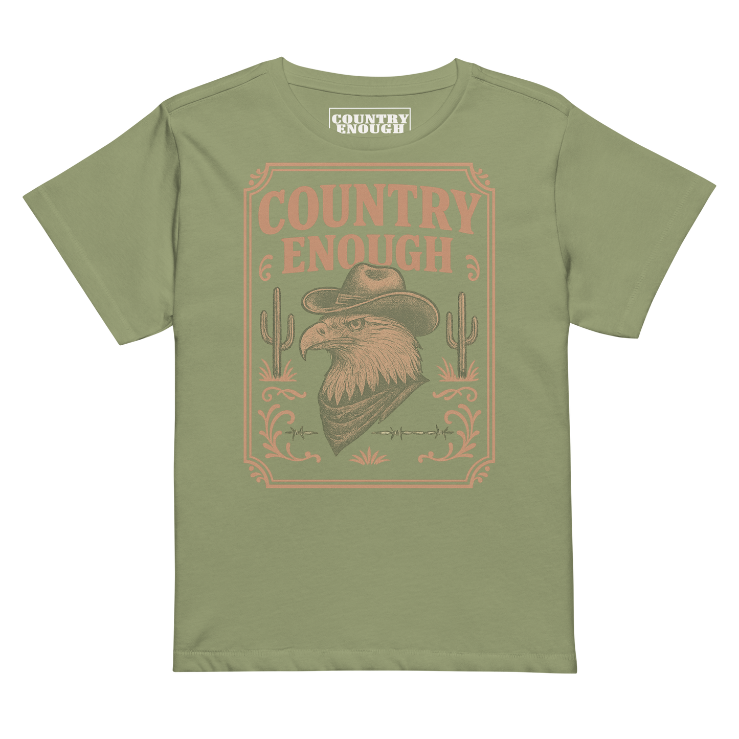 Artichoke t-shirt with graphic of cowboy hat and bandana wearing eagle, cacti, and western border with words country enough #artichoke
