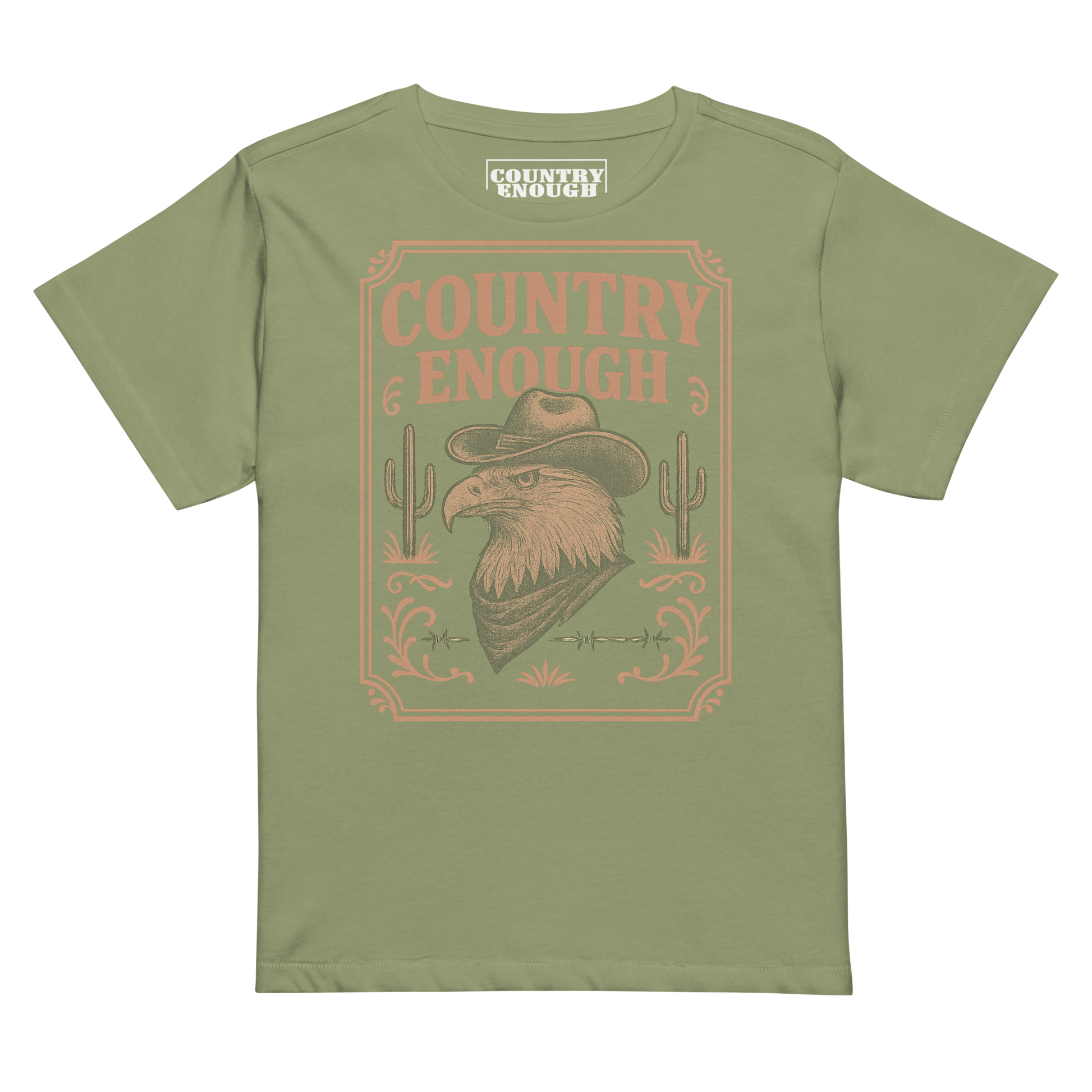 Artichoke t-shirt with graphic of cowboy hat and bandana wearing eagle, cacti, and western border with words country enough #artichoke