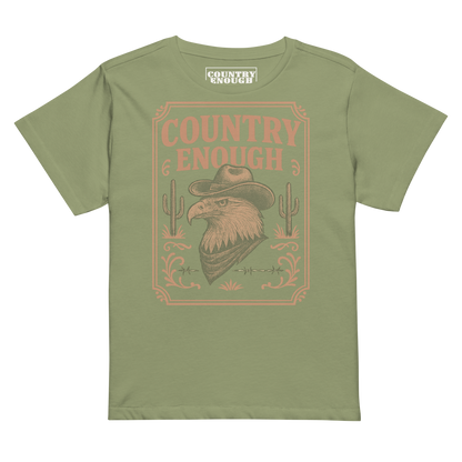 Artichoke t-shirt with graphic of cowboy hat and bandana wearing eagle, cacti, and western border with words country enough #artichoke