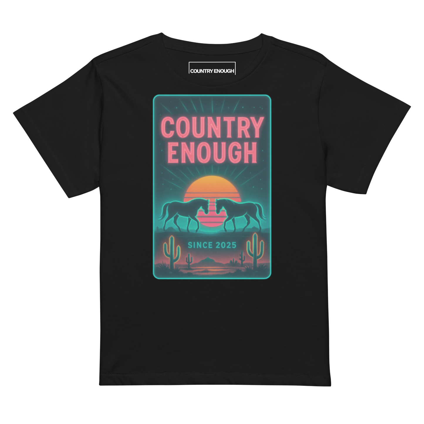 Black t-shirt with graphic of horses, cacti, desert landscape, and sunshine with words country enough #black