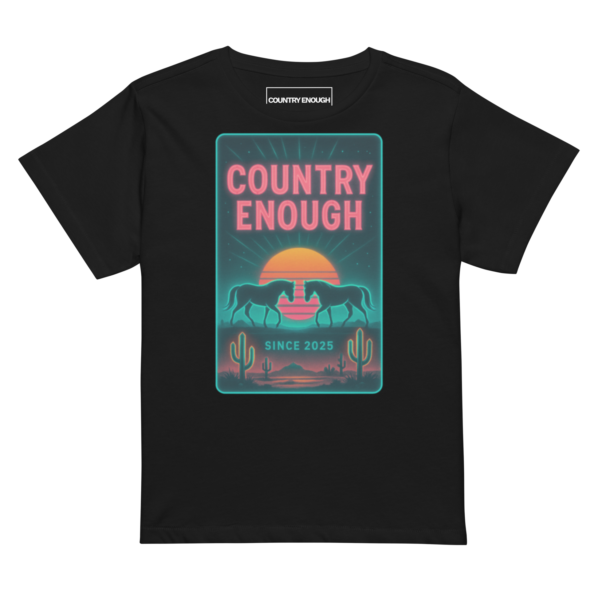 Black t-shirt with graphic of horses, cacti, desert landscape, and sunshine with words country enough #black