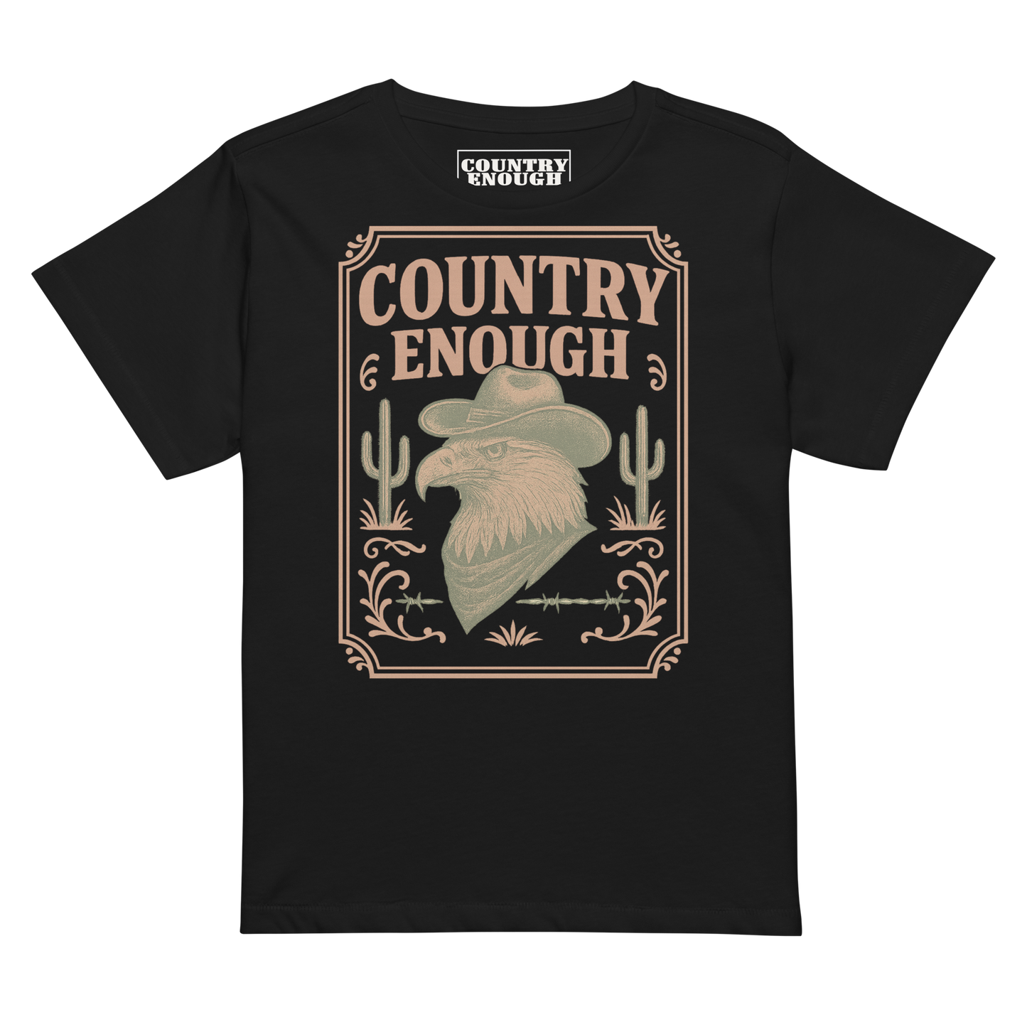 Black t-shirt with graphic of cowboy hat and bandana wearing eagle, cacti, and western border with words country enough #black