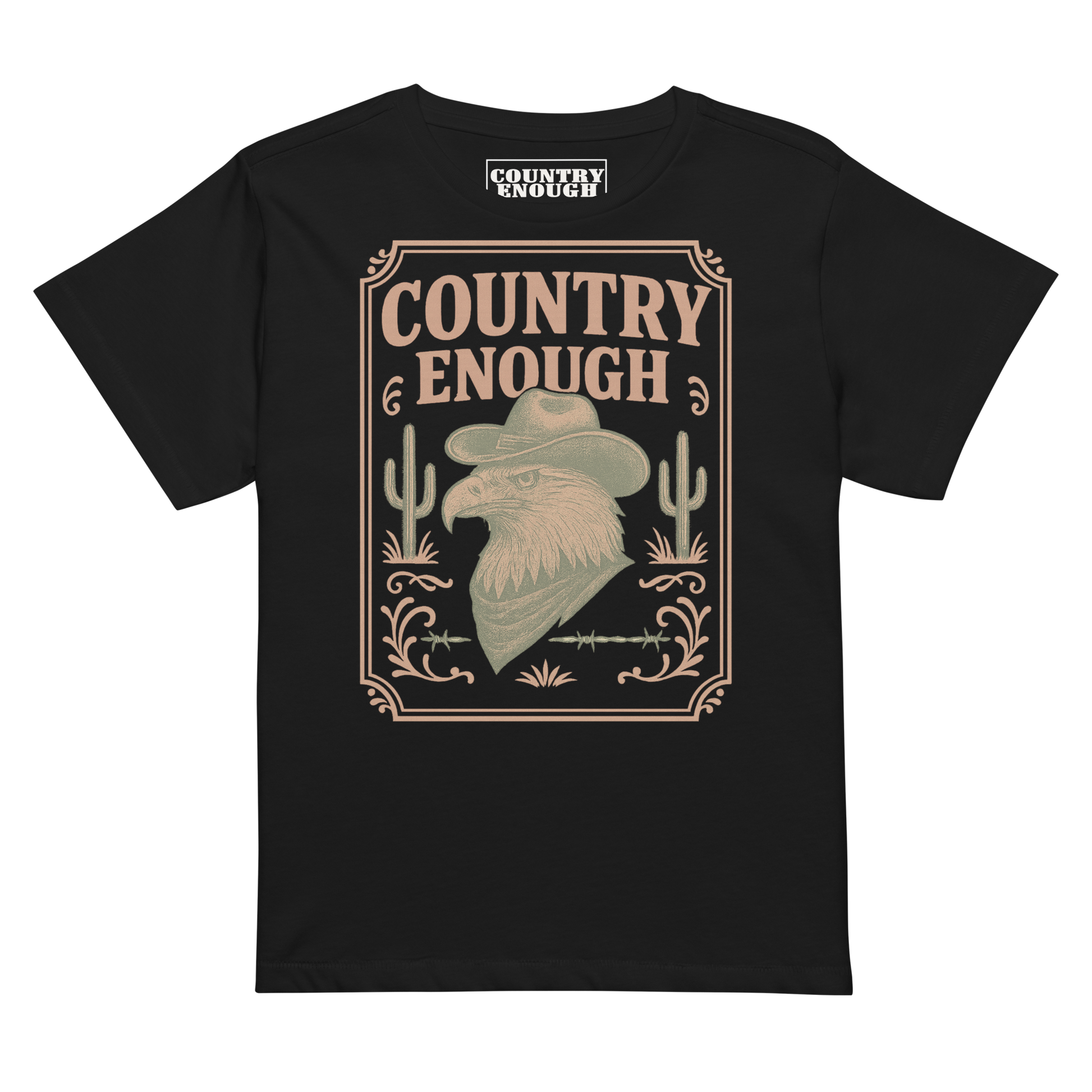 Black t-shirt with graphic of cowboy hat and bandana wearing eagle, cacti, and western border with words country enough #black