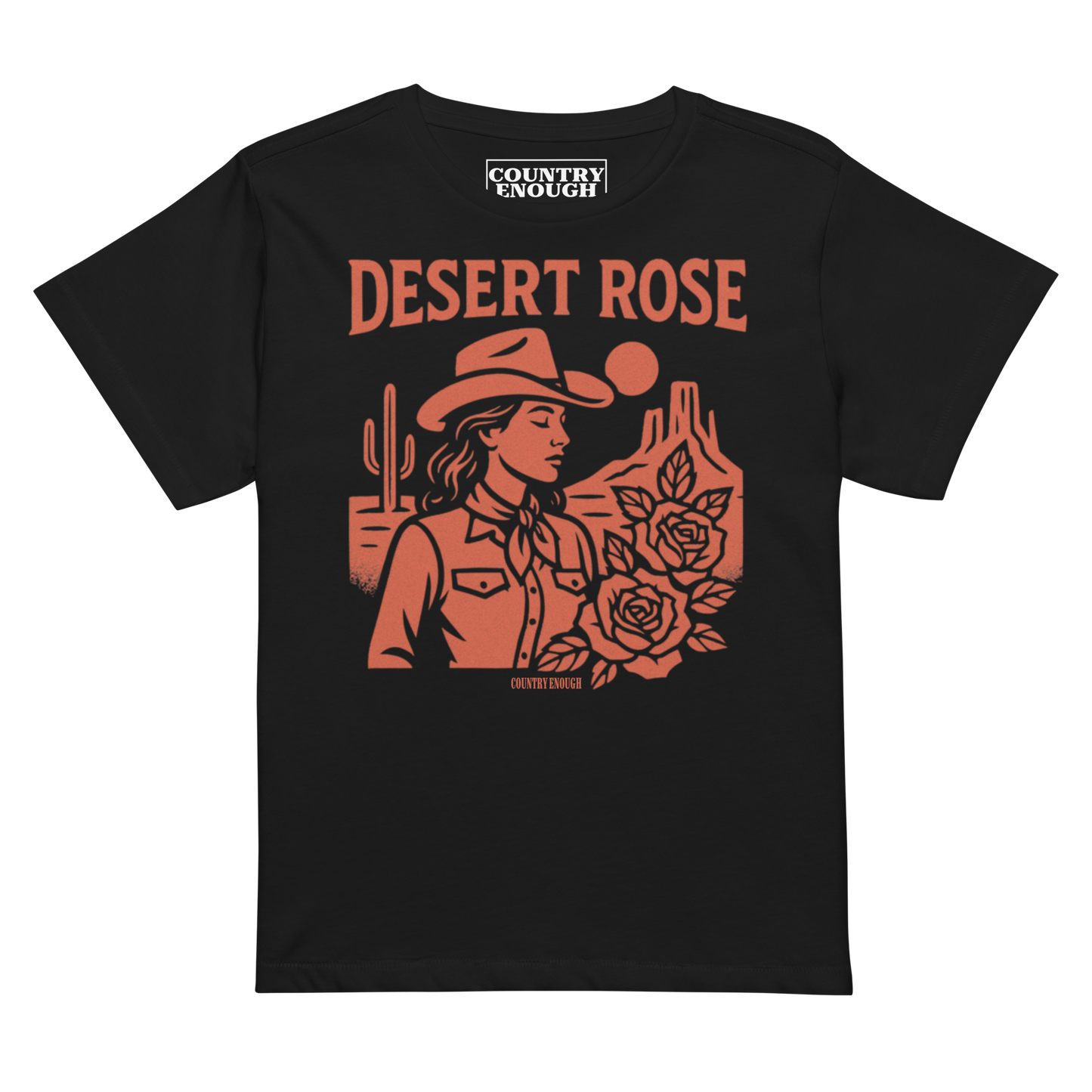 Black t-shirt with graphic of cowgirl, desert landscape, roses, and words desert rose #black