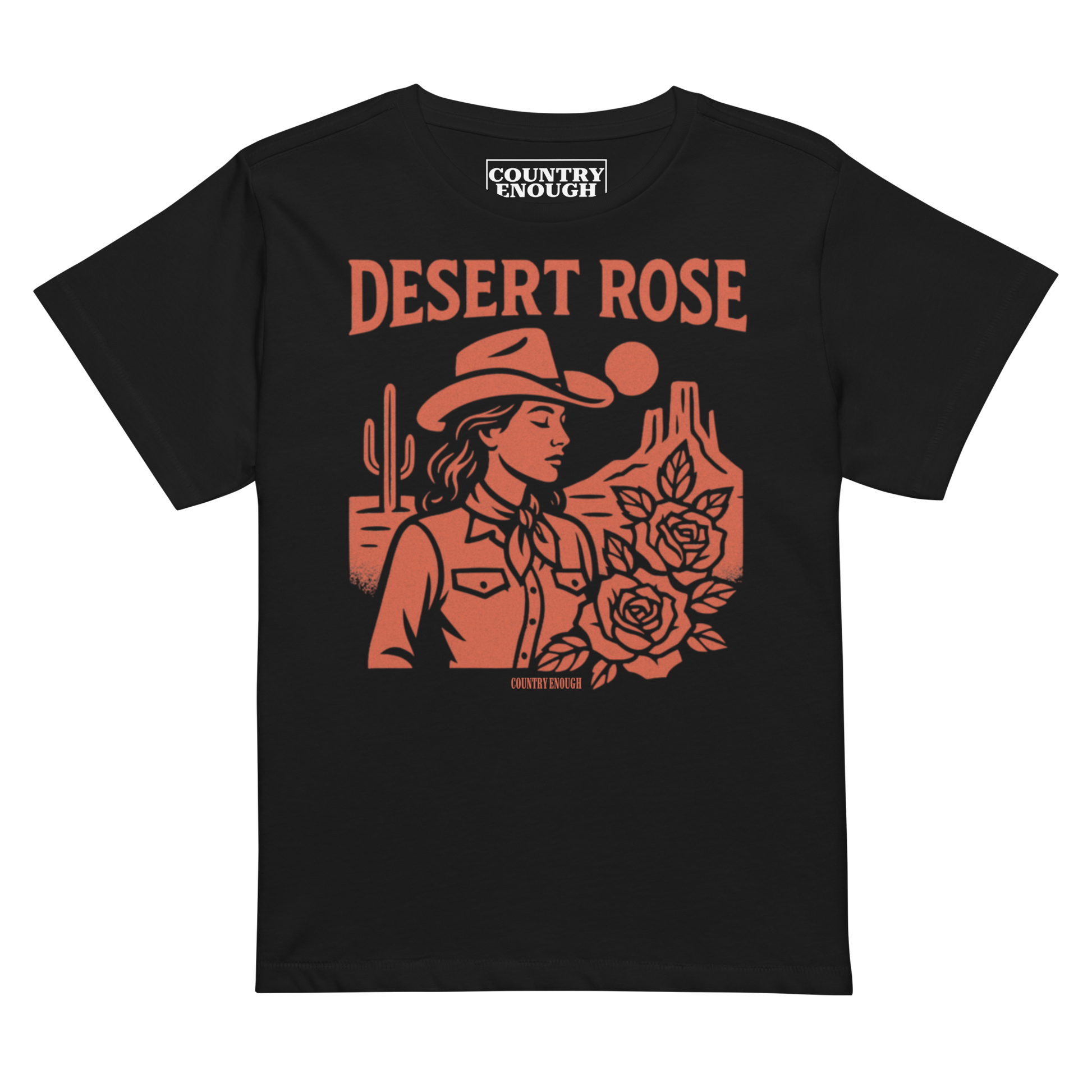 Black t-shirt with graphic of cowgirl, desert landscape, roses, and words desert rose #black