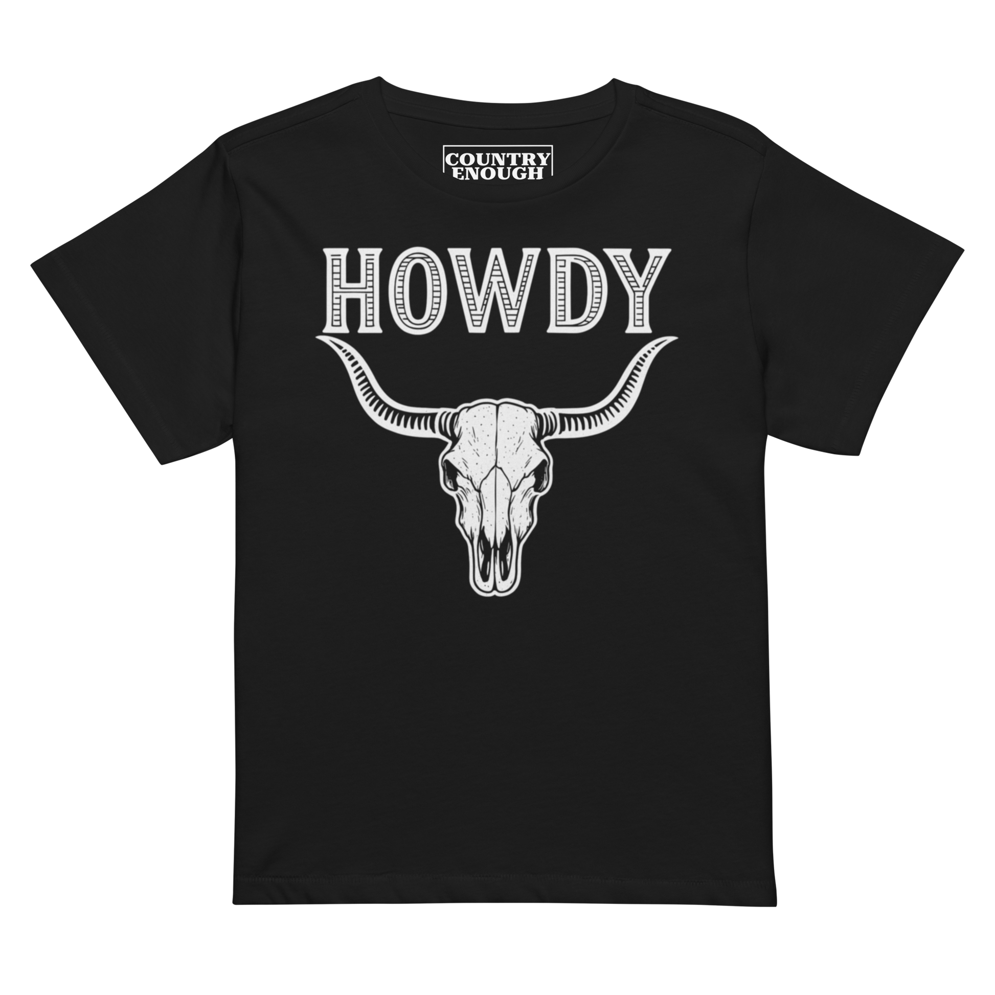 Black t-shirt with graphic of bull skull and the word howdy above #black