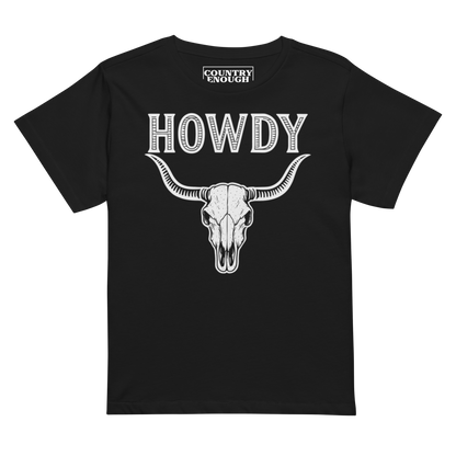 Black t-shirt with graphic of bull skull and the word howdy above #black