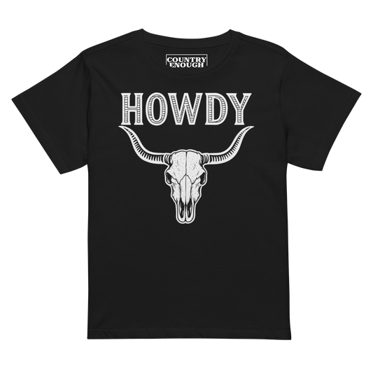 Black t-shirt with graphic of bull skull and the word howdy above #black