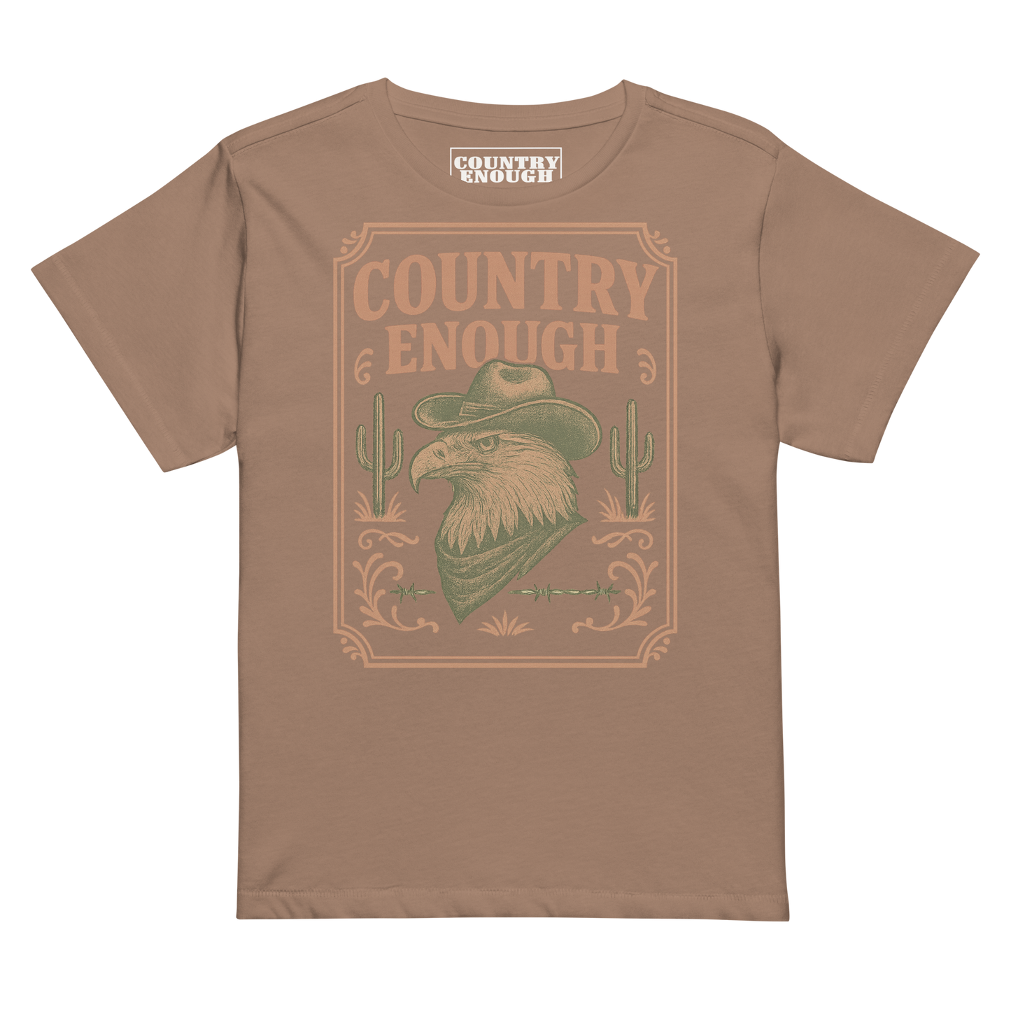 Latte t-shirt with graphic of cowboy hat and bandana wearing eagle, cacti, and western border with words country enough #latte