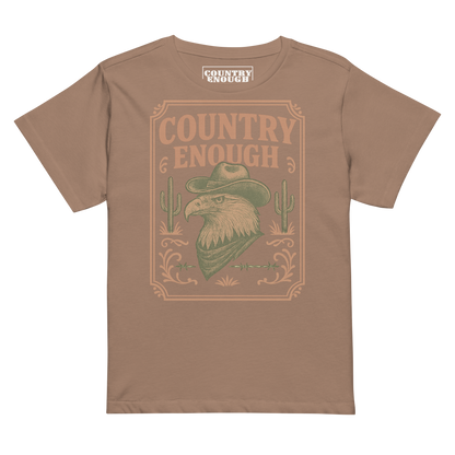 Latte t-shirt with graphic of cowboy hat and bandana wearing eagle, cacti, and western border with words country enough #latte