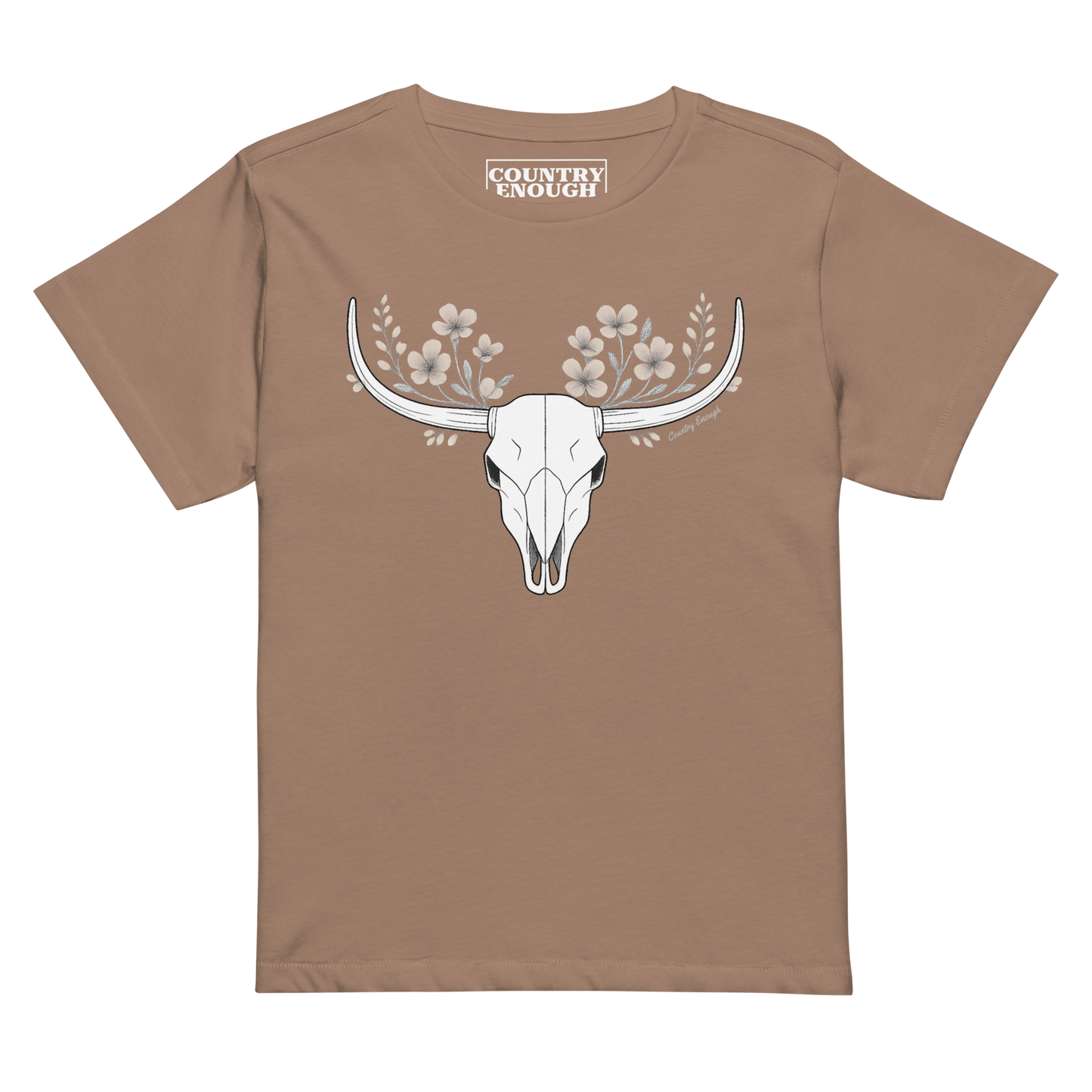Latte t-shirt with bull skull and flower graphic #latte