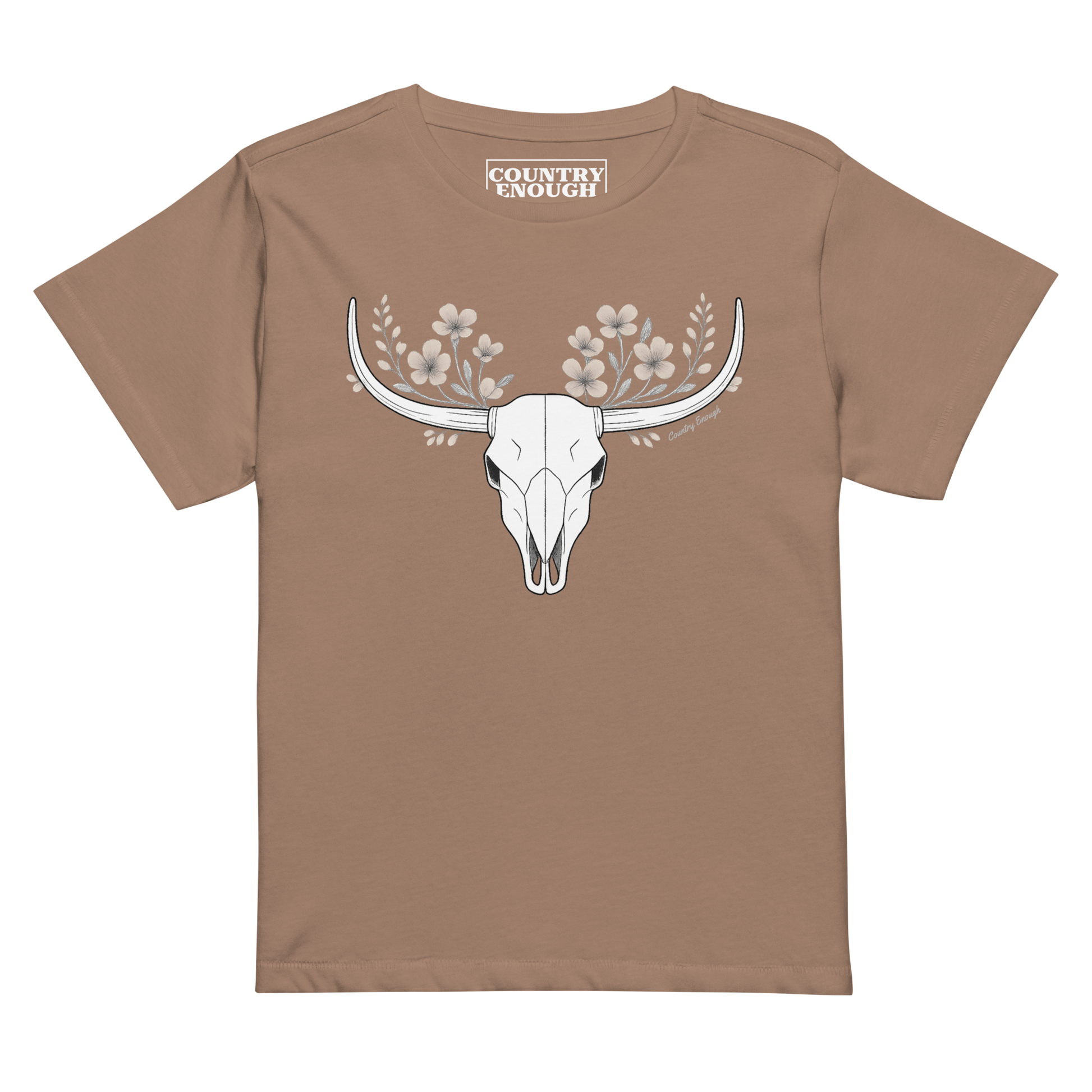 Latte t-shirt with bull skull and flower graphic #latte