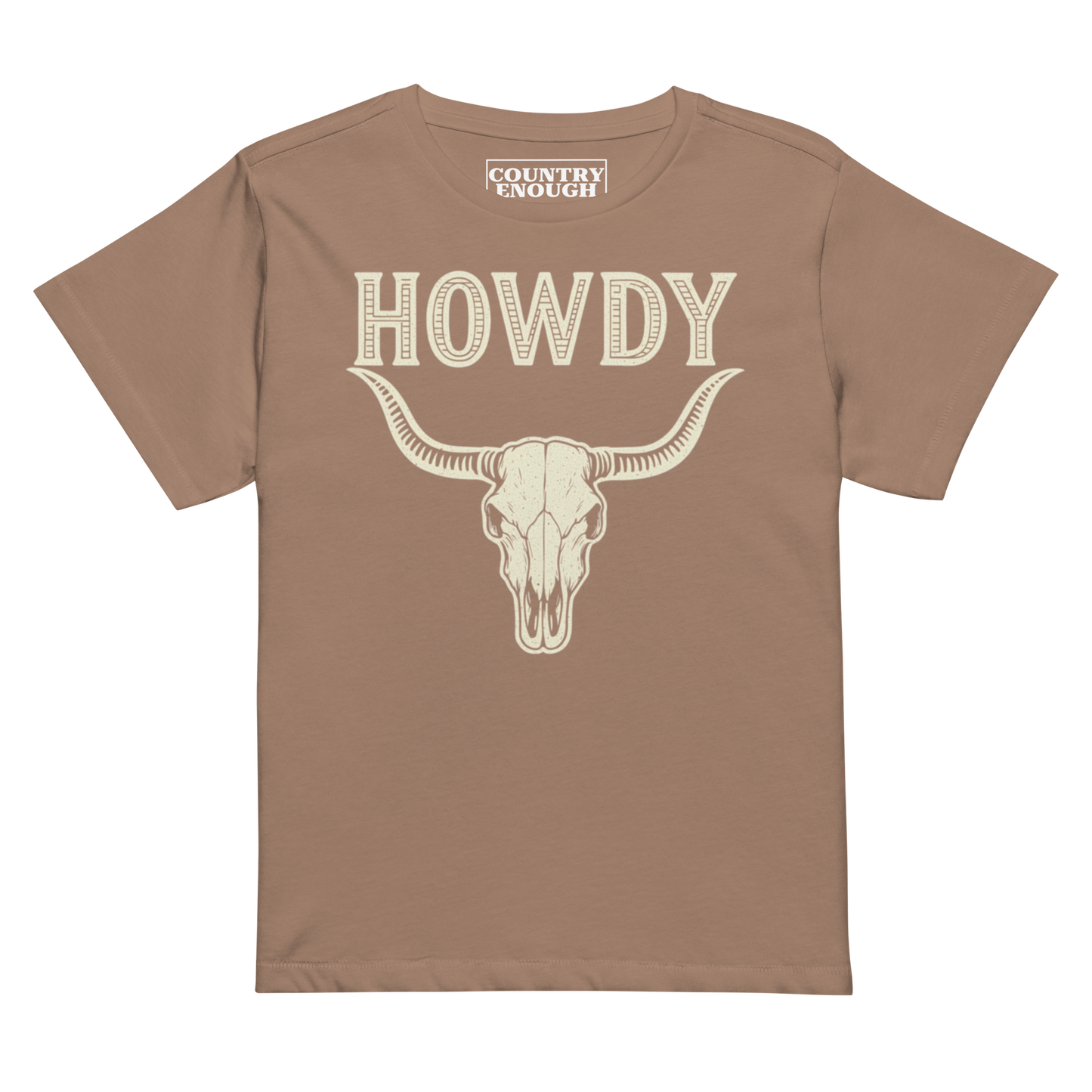 Latte t-shirt with graphic of bull skull and the word howdy above #latte