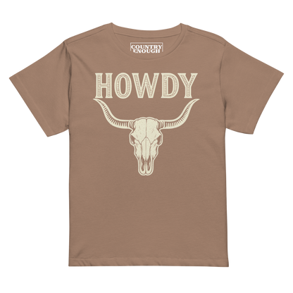 Latte t-shirt with graphic of bull skull and the word howdy above #latte