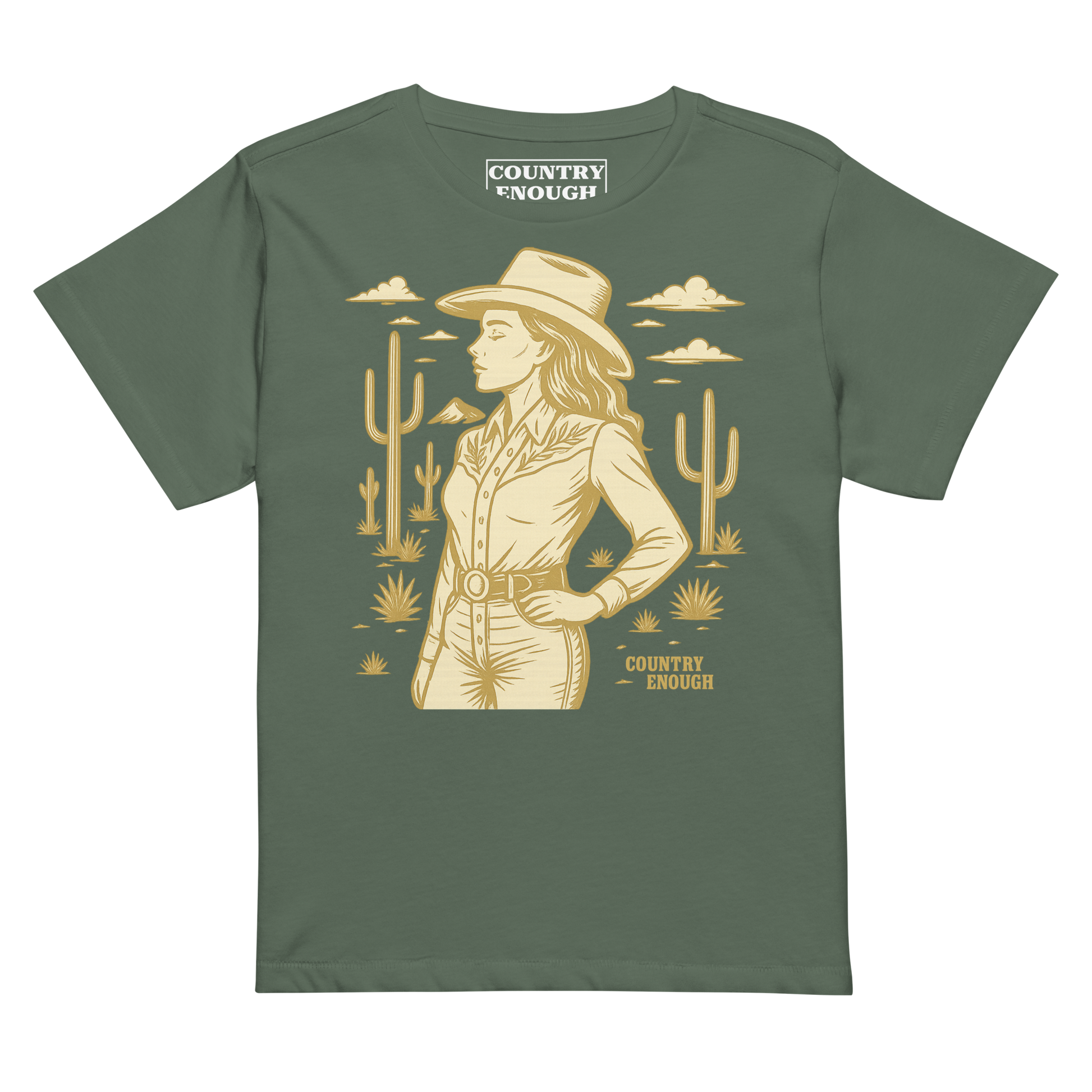 Pine t-shirt with graphic of a cowgirl, clouds, one mountain, and cacti #pine