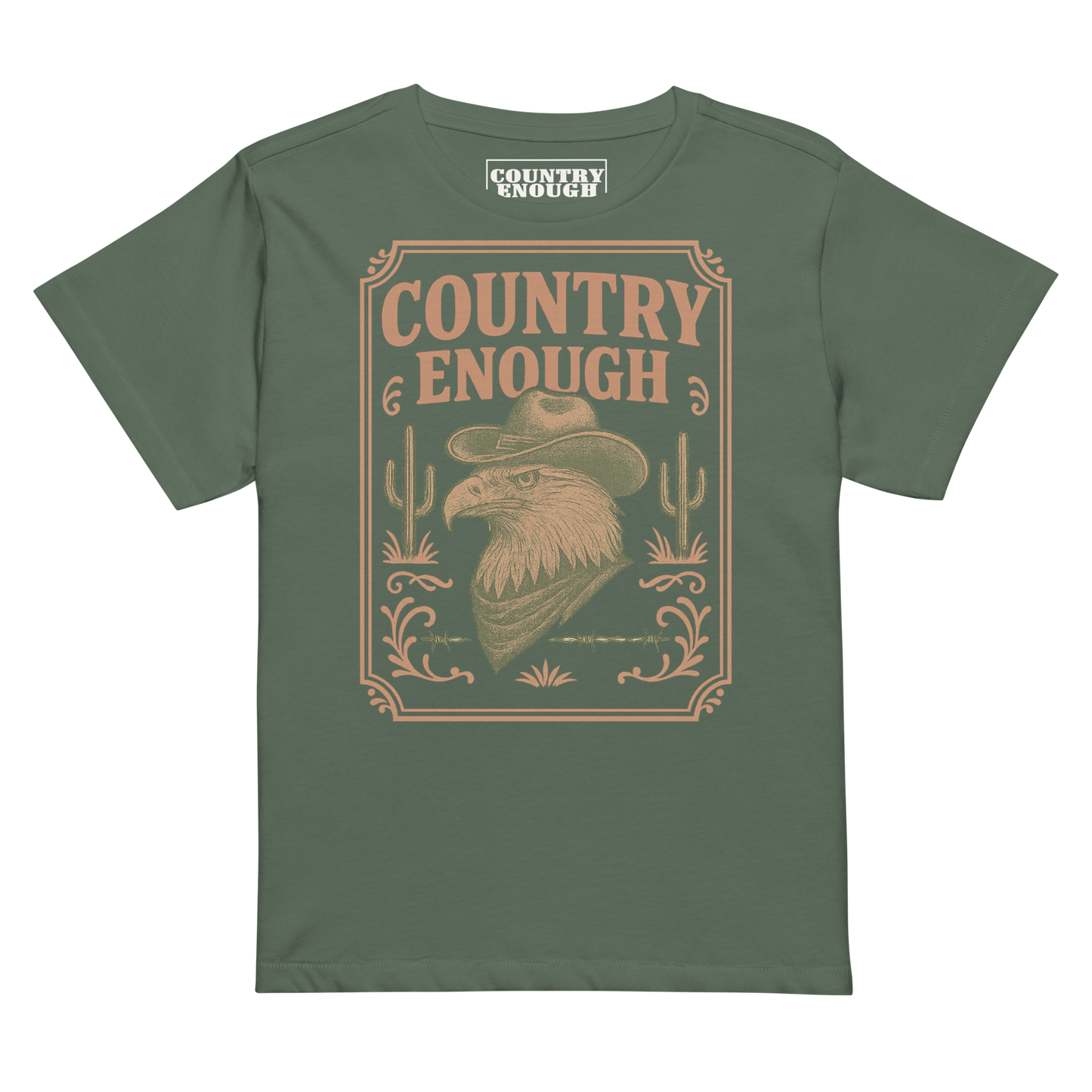 Pine t-shirt with graphic of cowboy hat and bandana wearing eagle, cacti, and western border with words country enough #pine