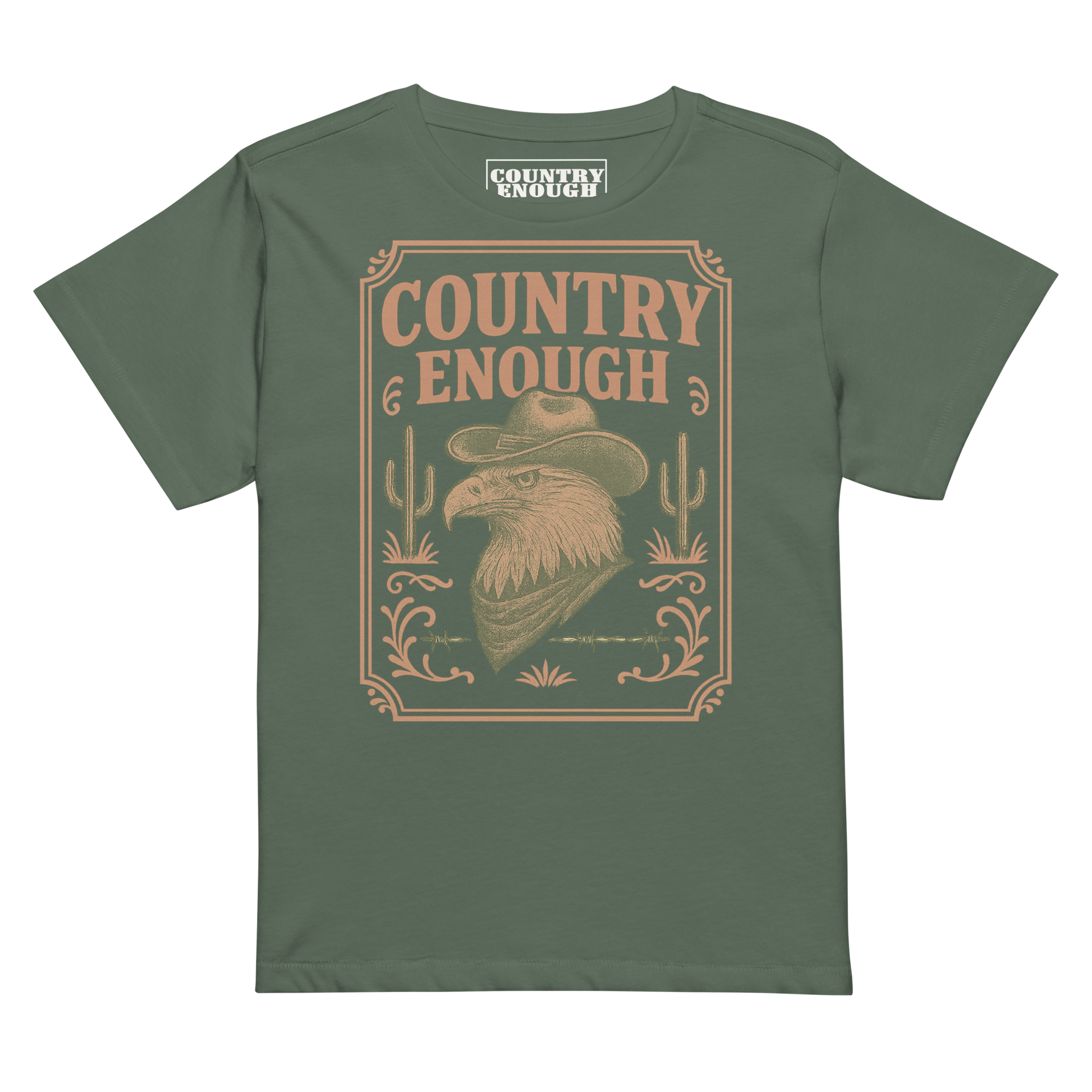 Pine t-shirt with graphic of cowboy hat and bandana wearing eagle, cacti, and western border with words country enough #pine