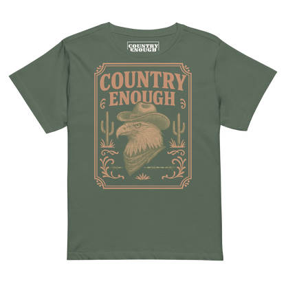 Pine t-shirt with graphic of cowboy hat and bandana wearing eagle, cacti, and western border with words country enough #pine