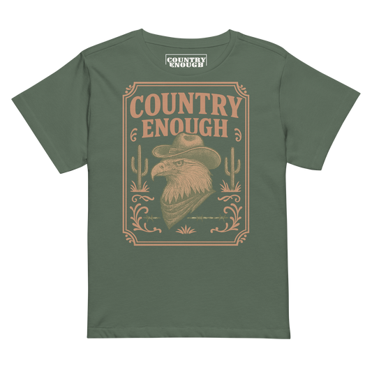 Pine t-shirt with graphic of cowboy hat and bandana wearing eagle, cacti, and western border with words country enough #pine