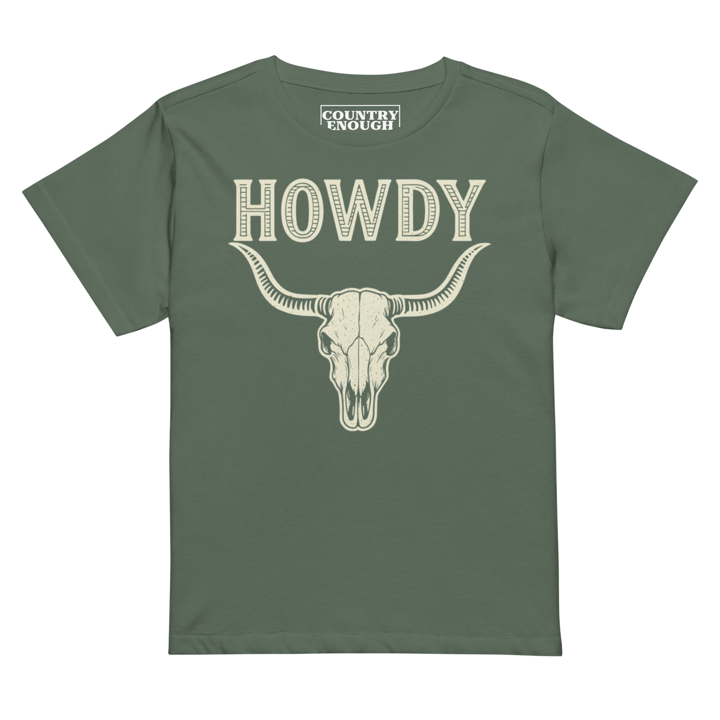 Pine t-shirt with graphic of bull skull and the word howdy above #pine