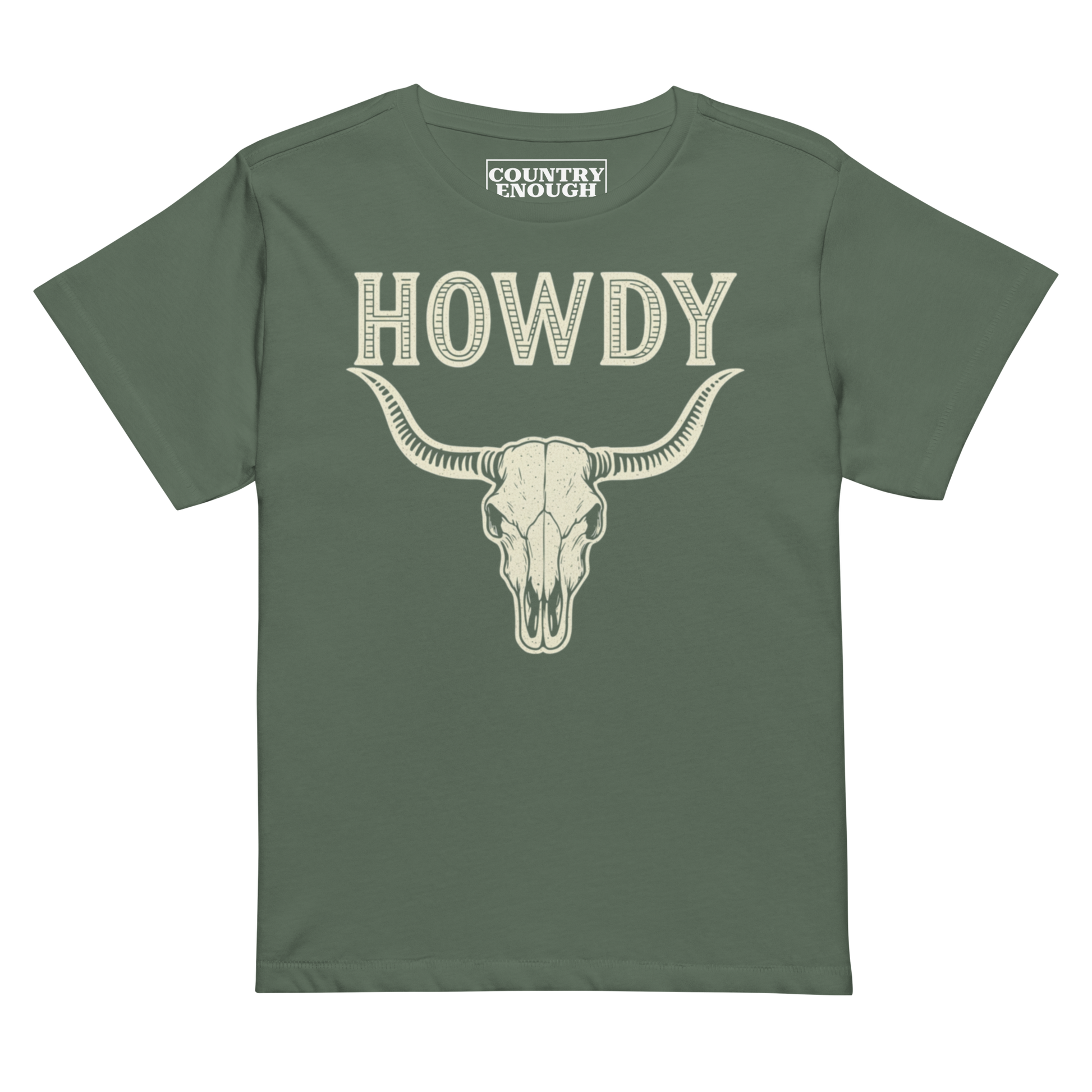 Pine t-shirt with graphic of bull skull and the word howdy above #pine