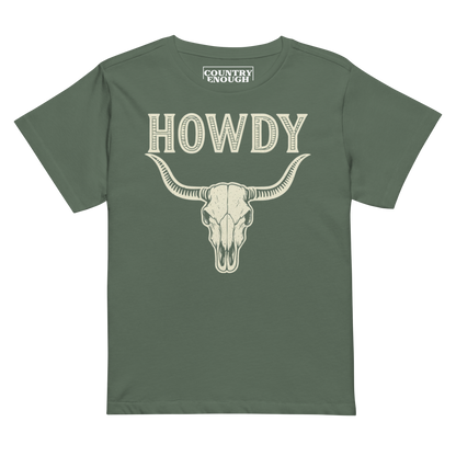 Pine t-shirt with graphic of bull skull and the word howdy above #pine