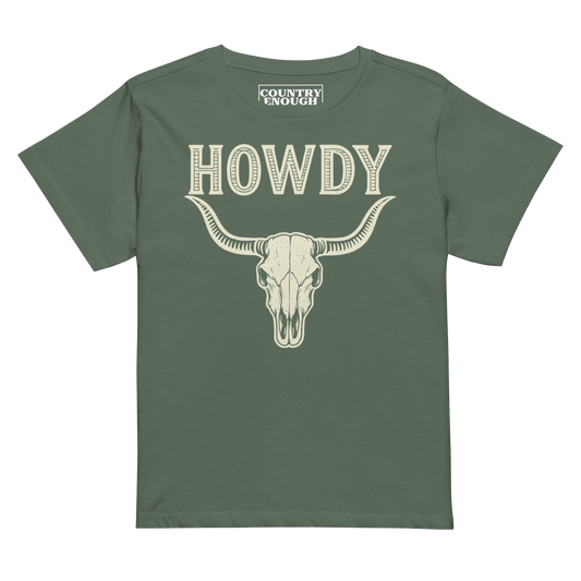 Pine t-shirt with graphic of bull skull and the word howdy above #pine