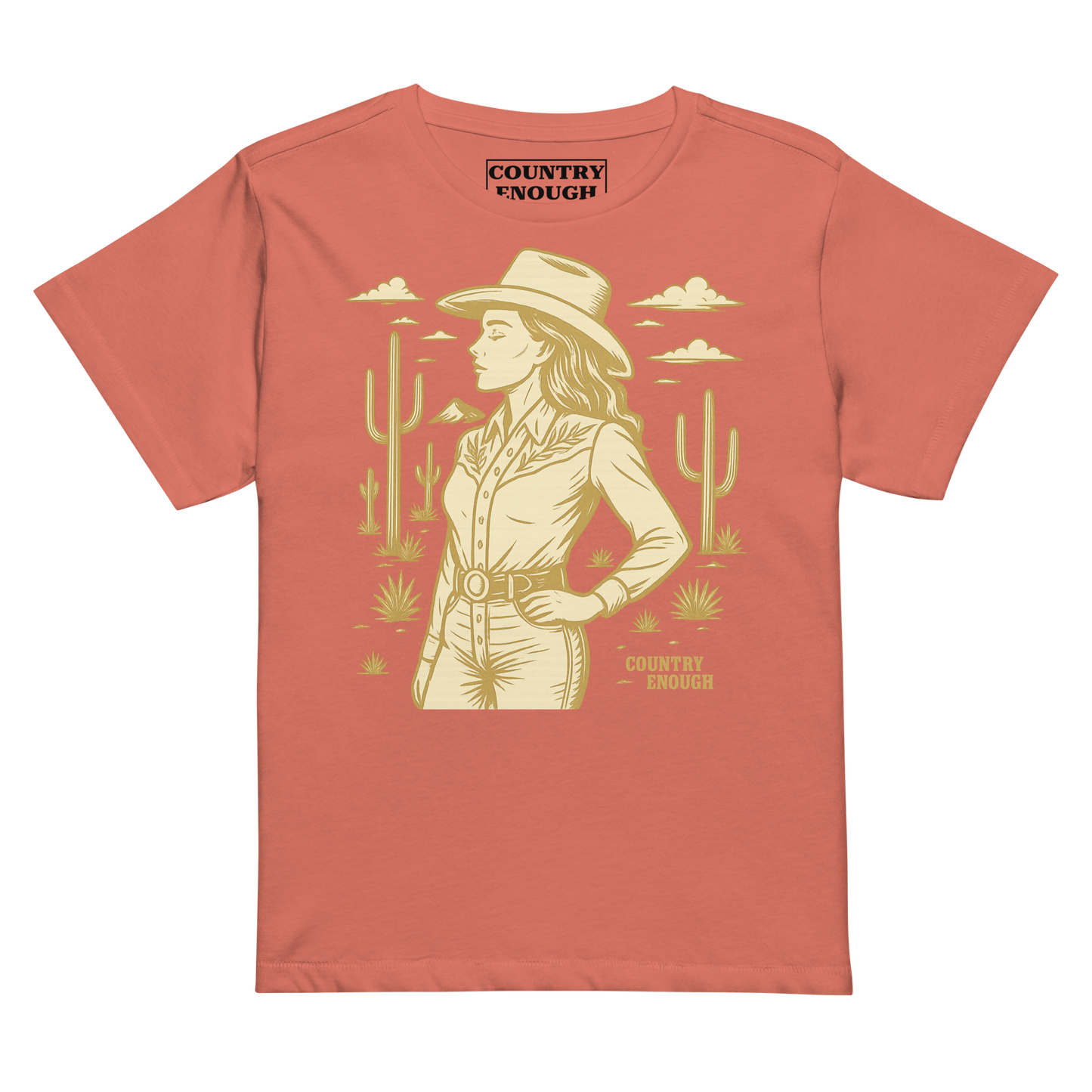 Red Sorbert t-shirt with graphic of a cowgirl, clouds, one mountain, and cacti #redsorbet