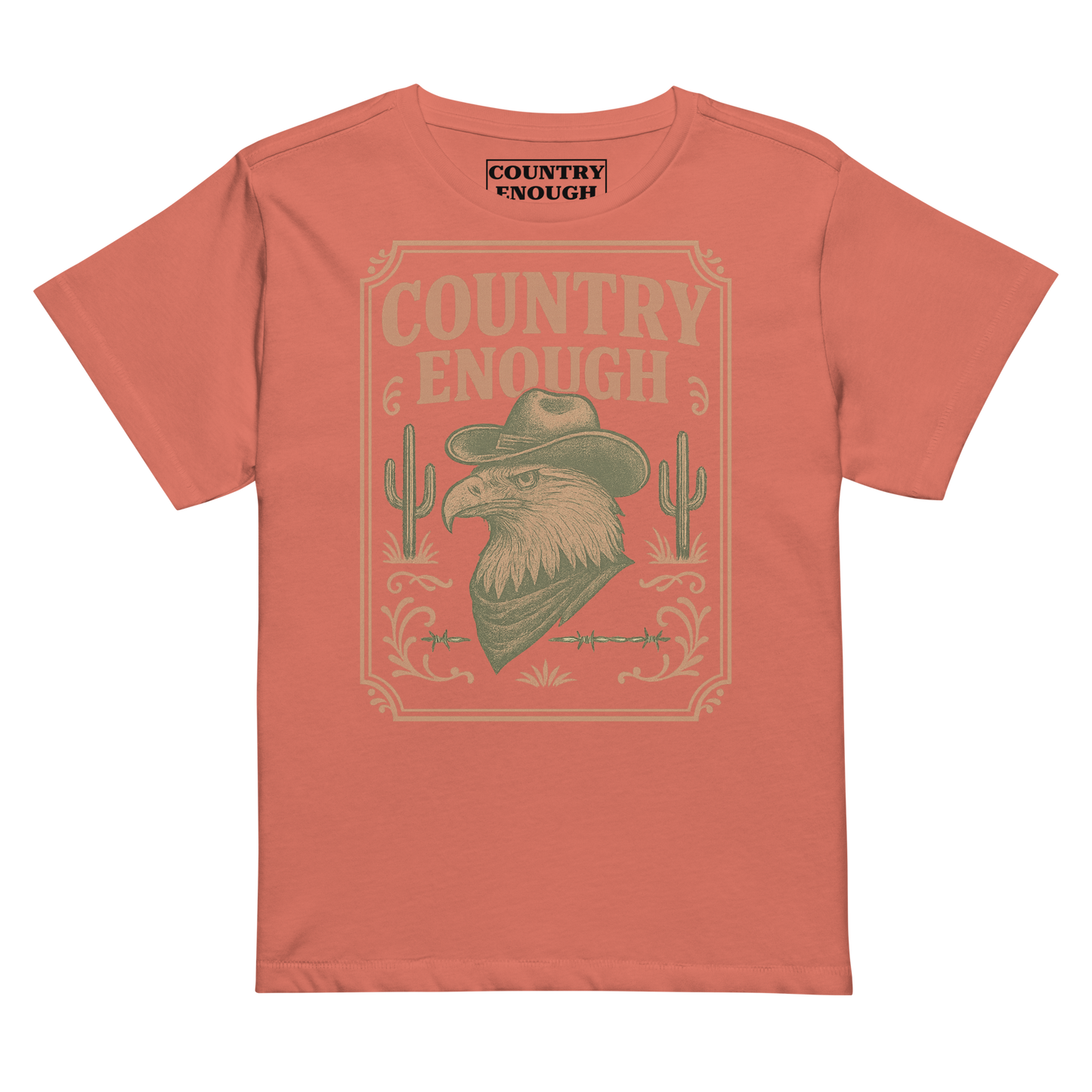 Red Sorbet t-shirt with graphic of cowboy hat and bandana wearing eagle, cacti, and western border with words country enough #redsorbet