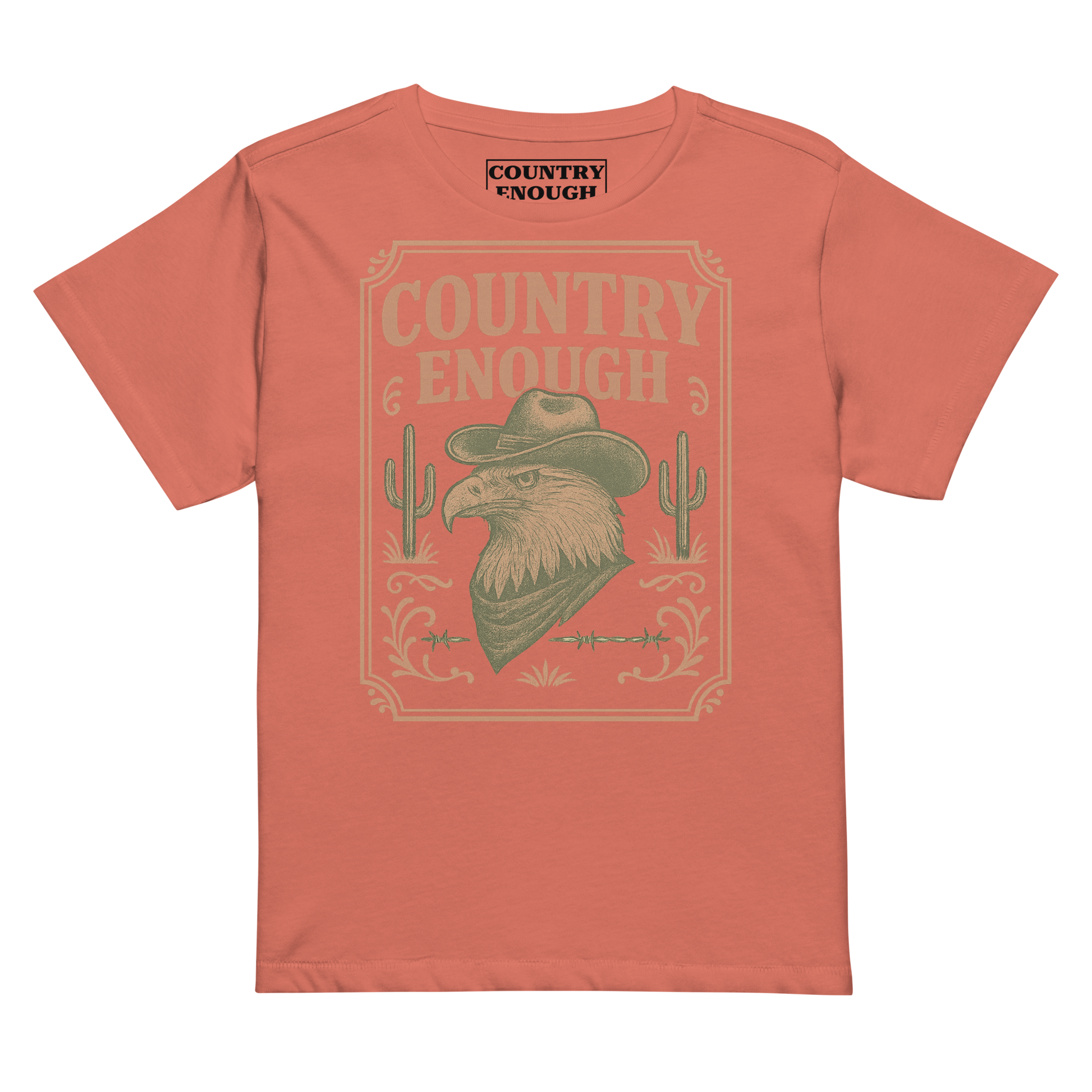 Red Sorbet t-shirt with graphic of cowboy hat and bandana wearing eagle, cacti, and western border with words country enough #redsorbet