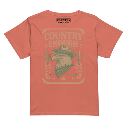Red Sorbet t-shirt with graphic of cowboy hat and bandana wearing eagle, cacti, and western border with words country enough #redsorbet