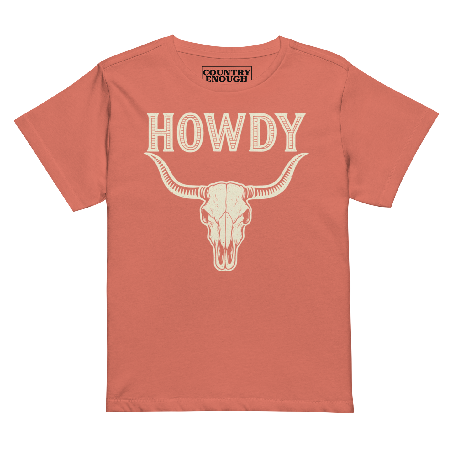 Red Sorbet t-shirt with graphic of bull skull and the word howdy above #redsorbet