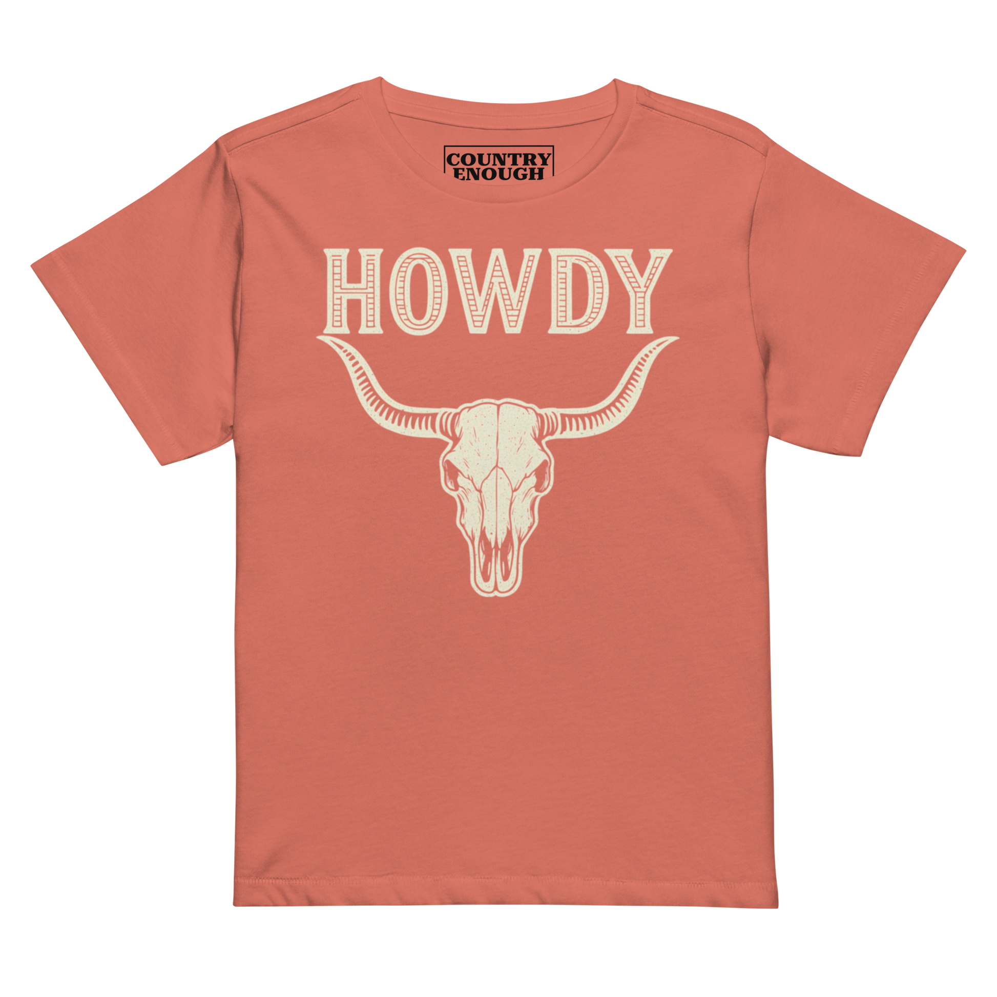 Red Sorbet t-shirt with graphic of bull skull and the word howdy above #redsorbet