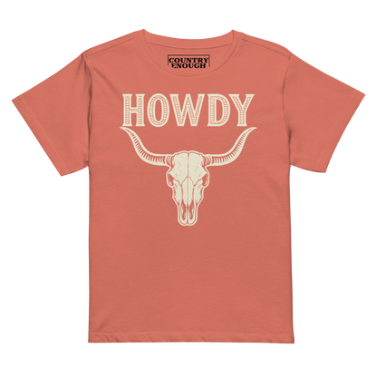 Red Sorbet t-shirt with graphic of bull skull and the word howdy above #redsorbet