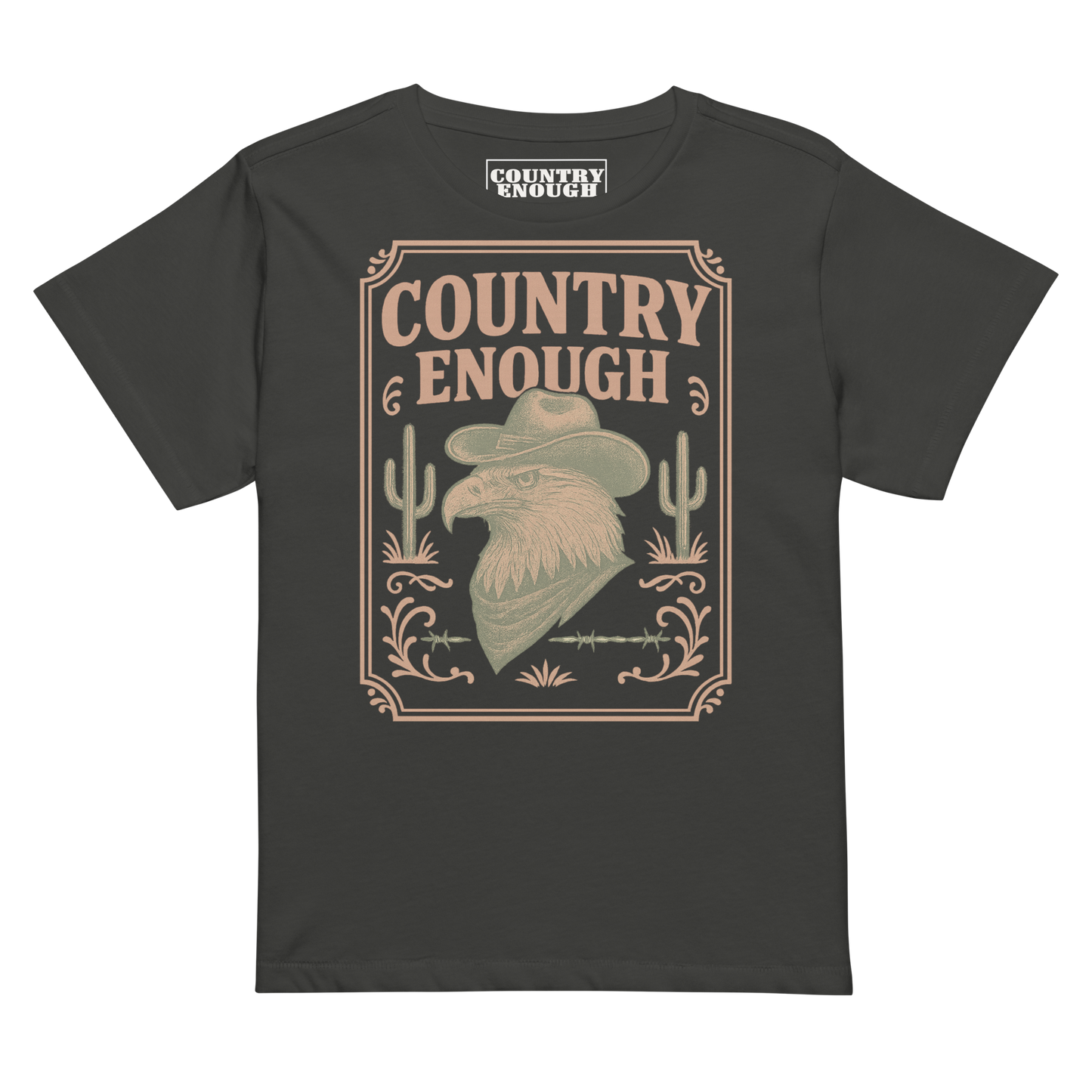 Vintage Black t-shirt with graphic of cowboy hat and bandana wearing eagle, cacti, and western border with words country enough #vintageblack