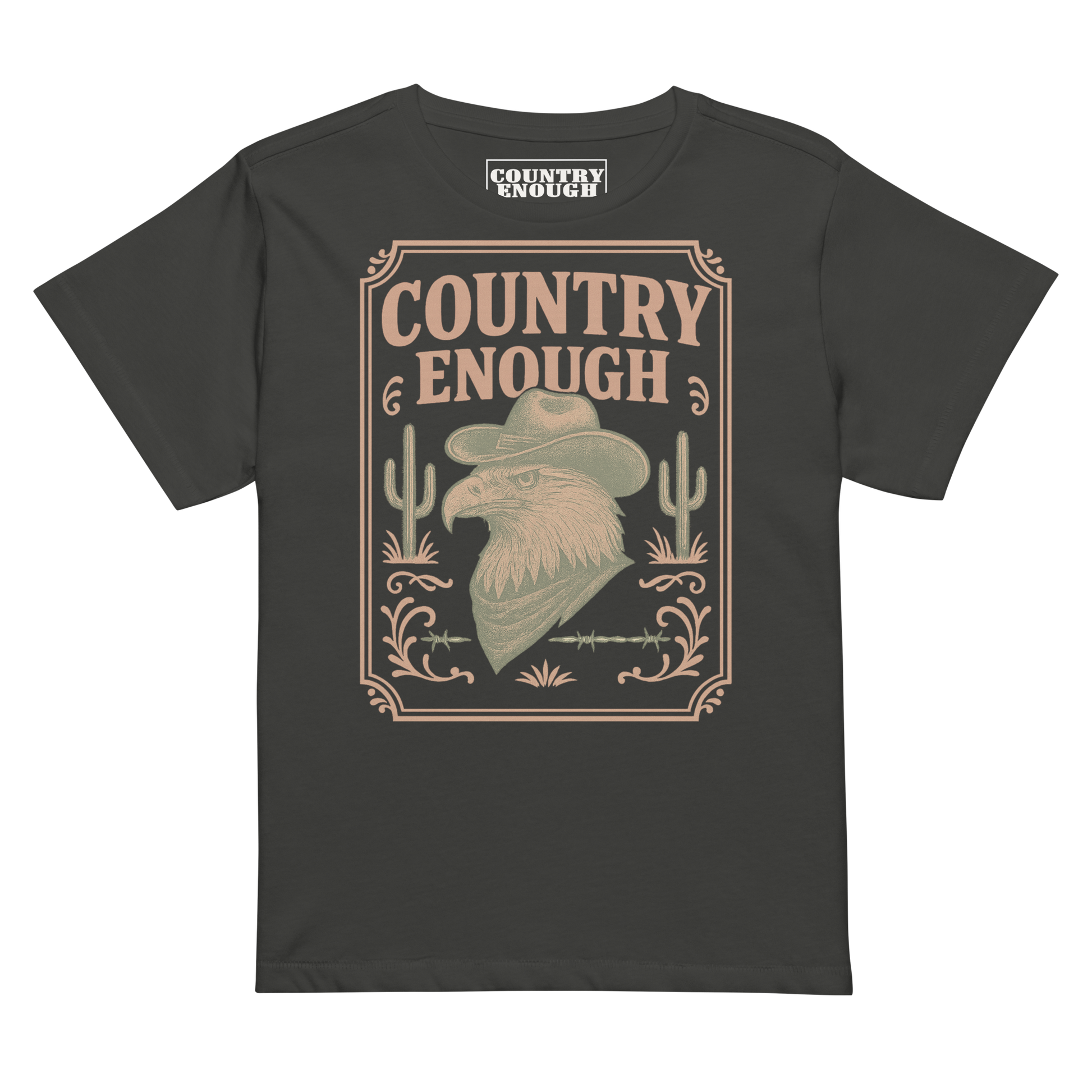 Vintage Black t-shirt with graphic of cowboy hat and bandana wearing eagle, cacti, and western border with words country enough #vintageblack