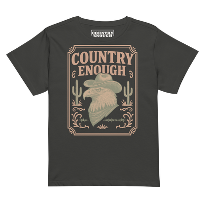 Vintage Black t-shirt with graphic of cowboy hat and bandana wearing eagle, cacti, and western border with words country enough #vintageblack