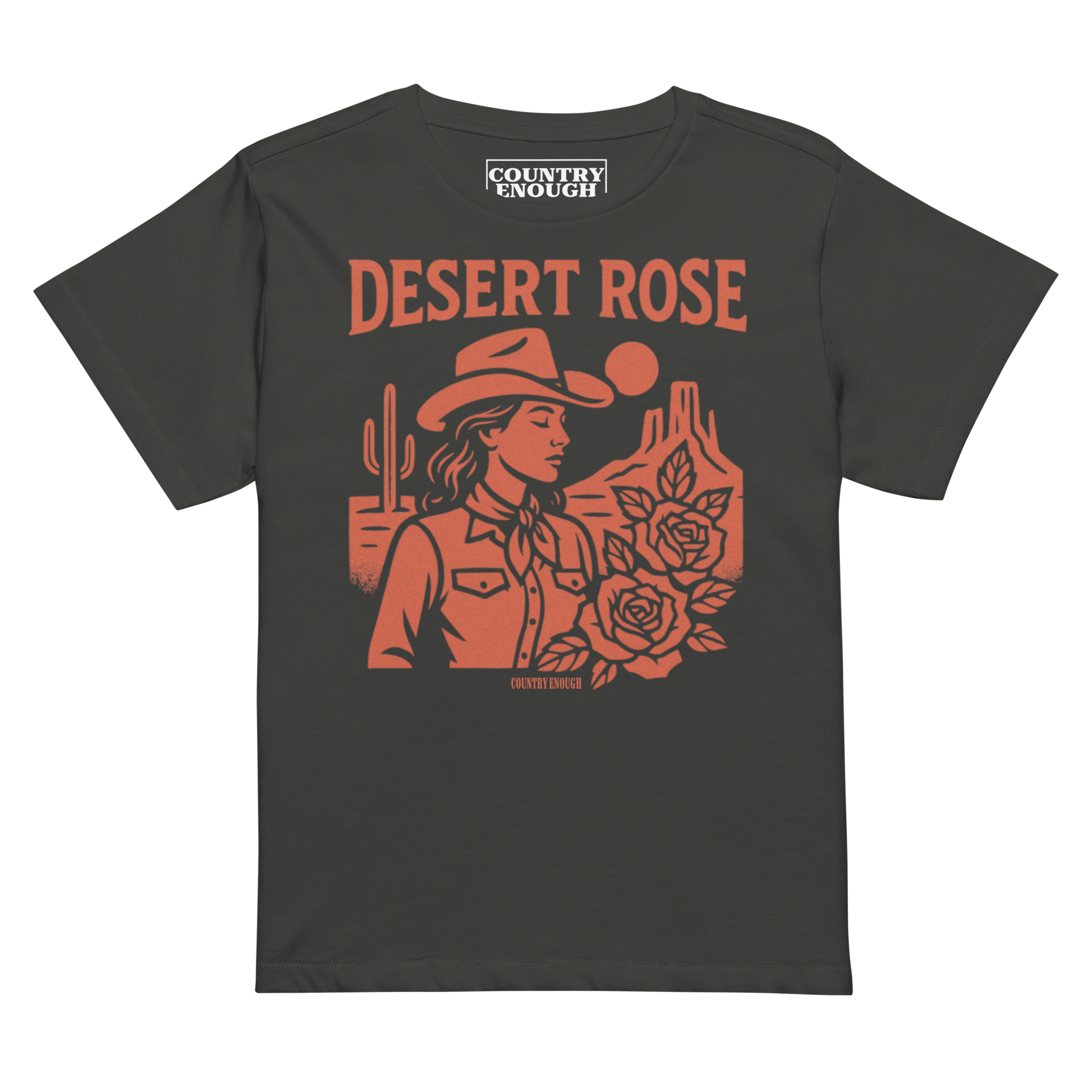 Vintage Black t-shirt with graphic of cowgirl, desert landscape, roses, and words desert rose #vintageblack
