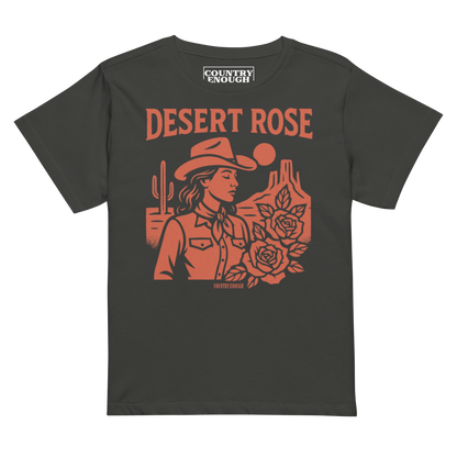 Vintage Black t-shirt with graphic of cowgirl, desert landscape, roses, and words desert rose #vintageblack