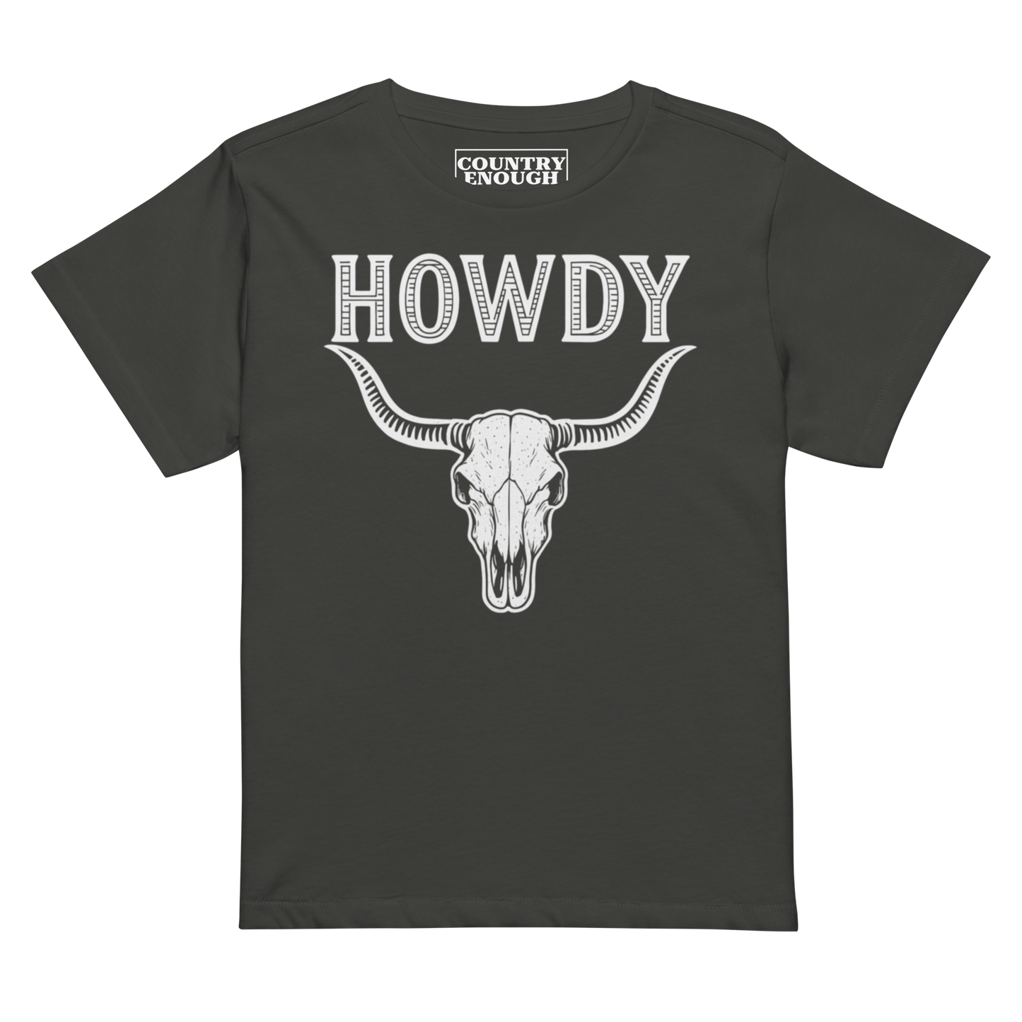 Vintage Black t-shirt with graphic of bull skull and the word howdy above #vintageblack