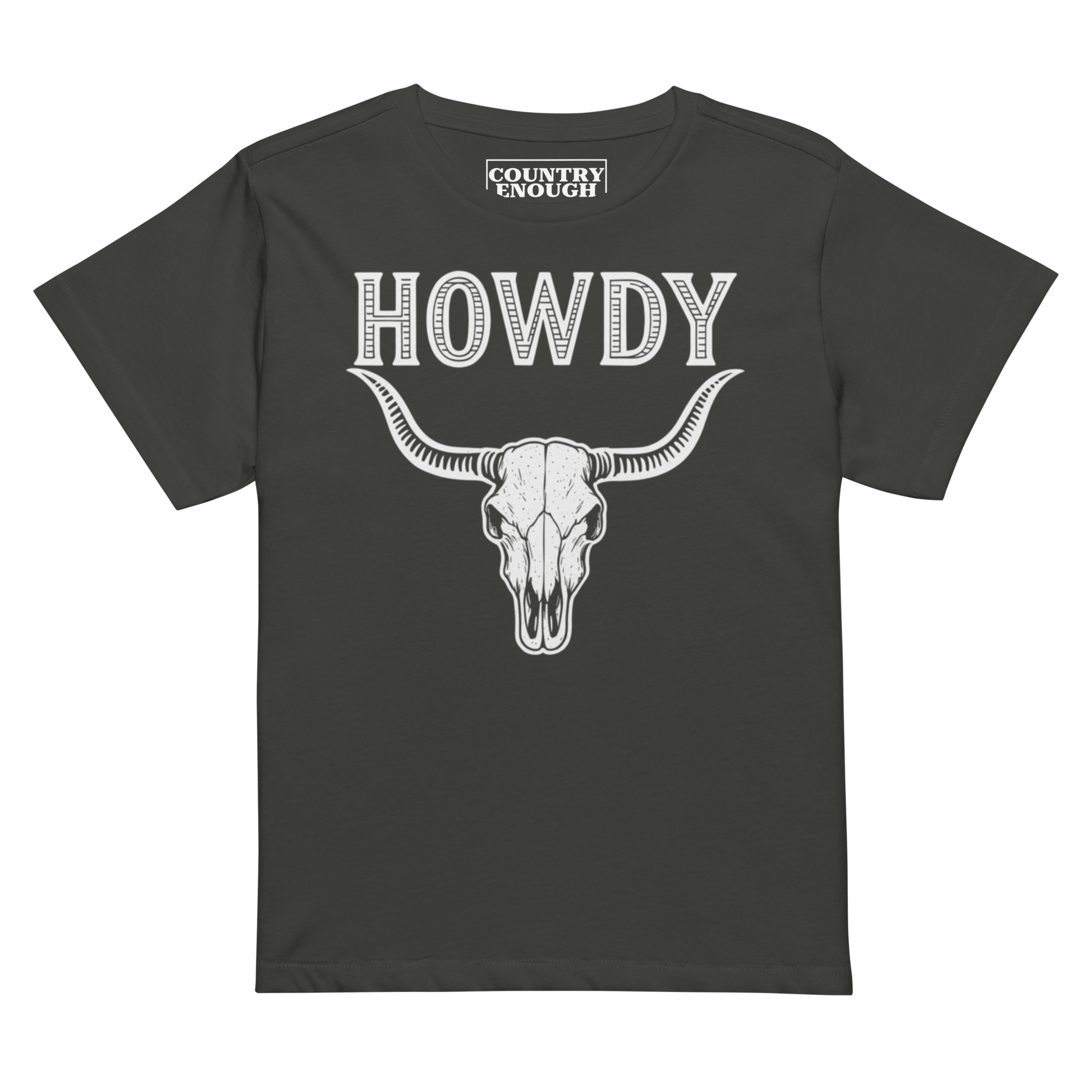 Vintage Black t-shirt with graphic of bull skull and the word howdy above #vintageblack