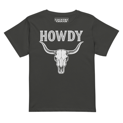 Vintage Black t-shirt with graphic of bull skull and the word howdy above #vintageblack