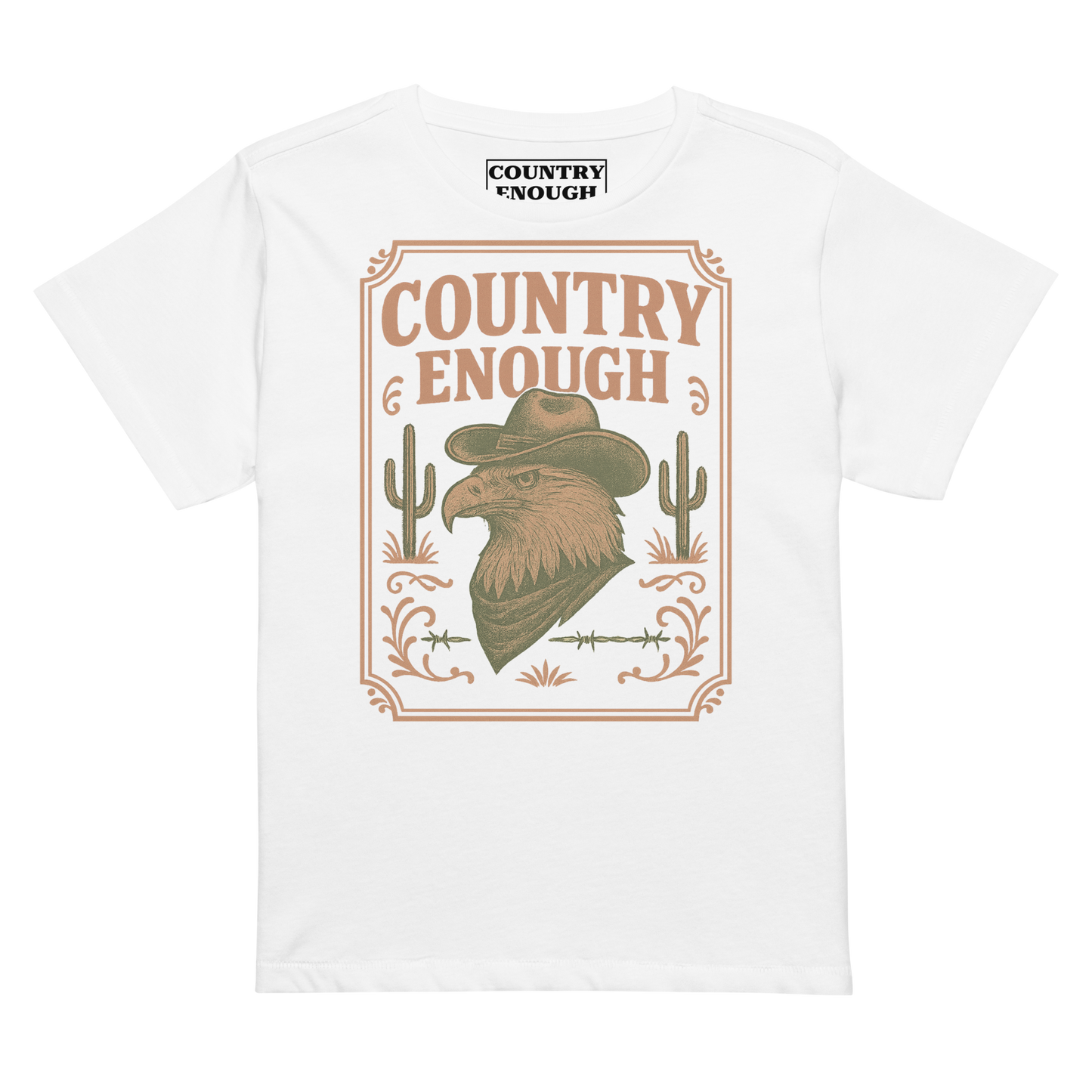 White t-shirt with graphic of cowboy hat and bandana wearing eagle, cacti, and western border with words country enough #white