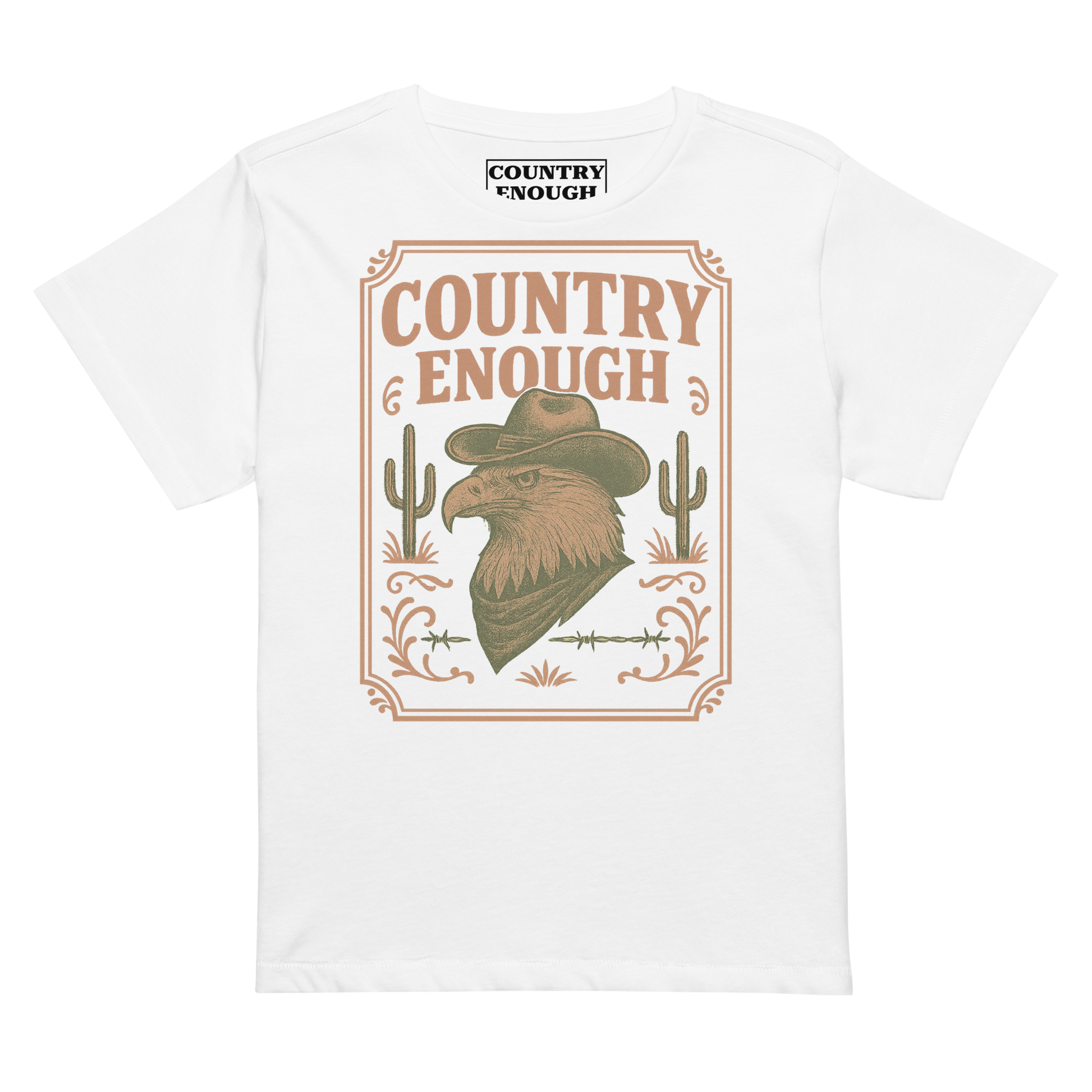 White t-shirt with graphic of cowboy hat and bandana wearing eagle, cacti, and western border with words country enough #white